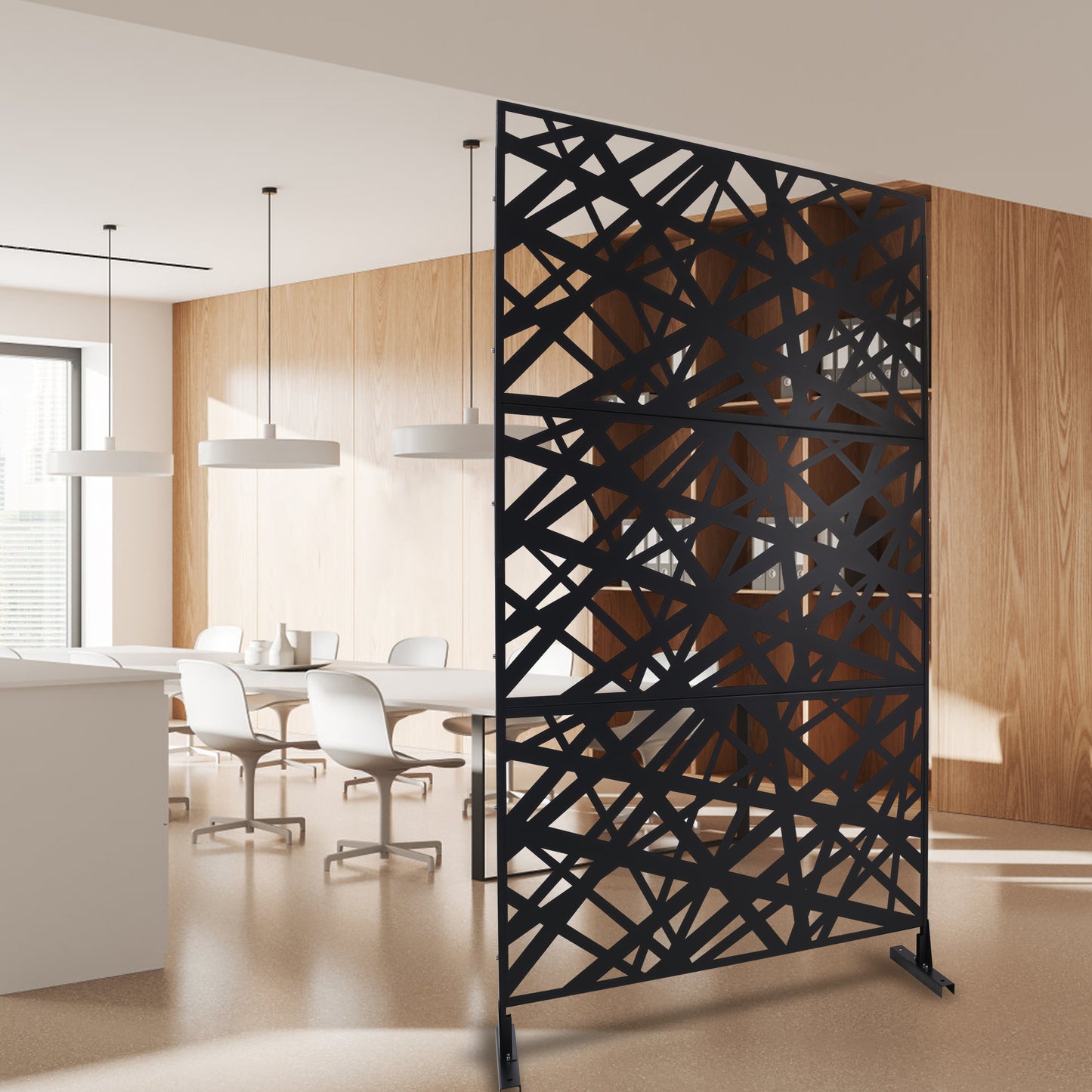 Black metal room divider with abstract geometric pattern inches high for office spaces