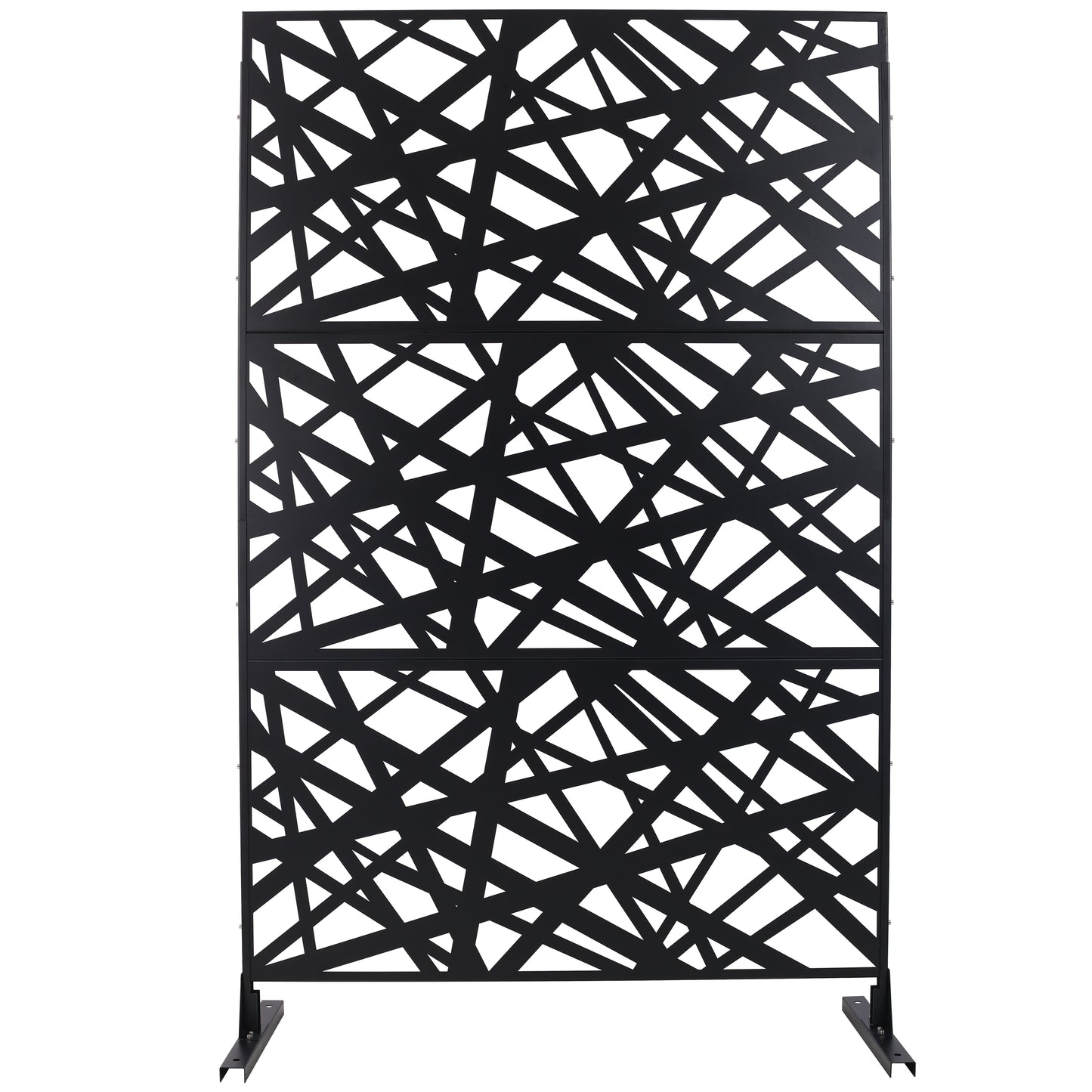 Black metal outdoor privacy screen with abstract geometric pattern