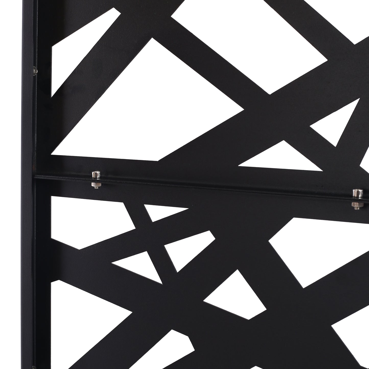 Black geometric metal screen panel with abstract cutouts for garden decor
