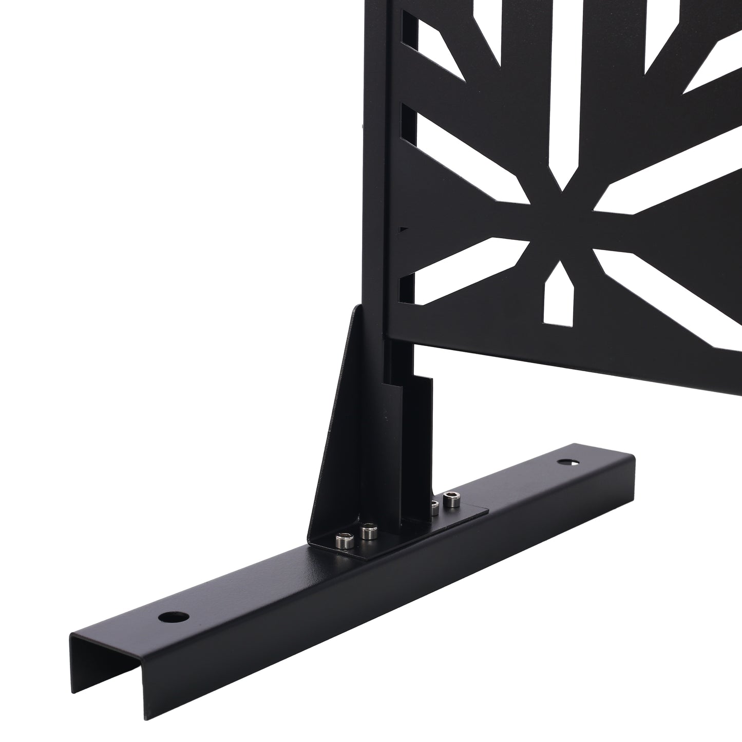 Black metal garden screen panel with geometric cutouts and mounting base