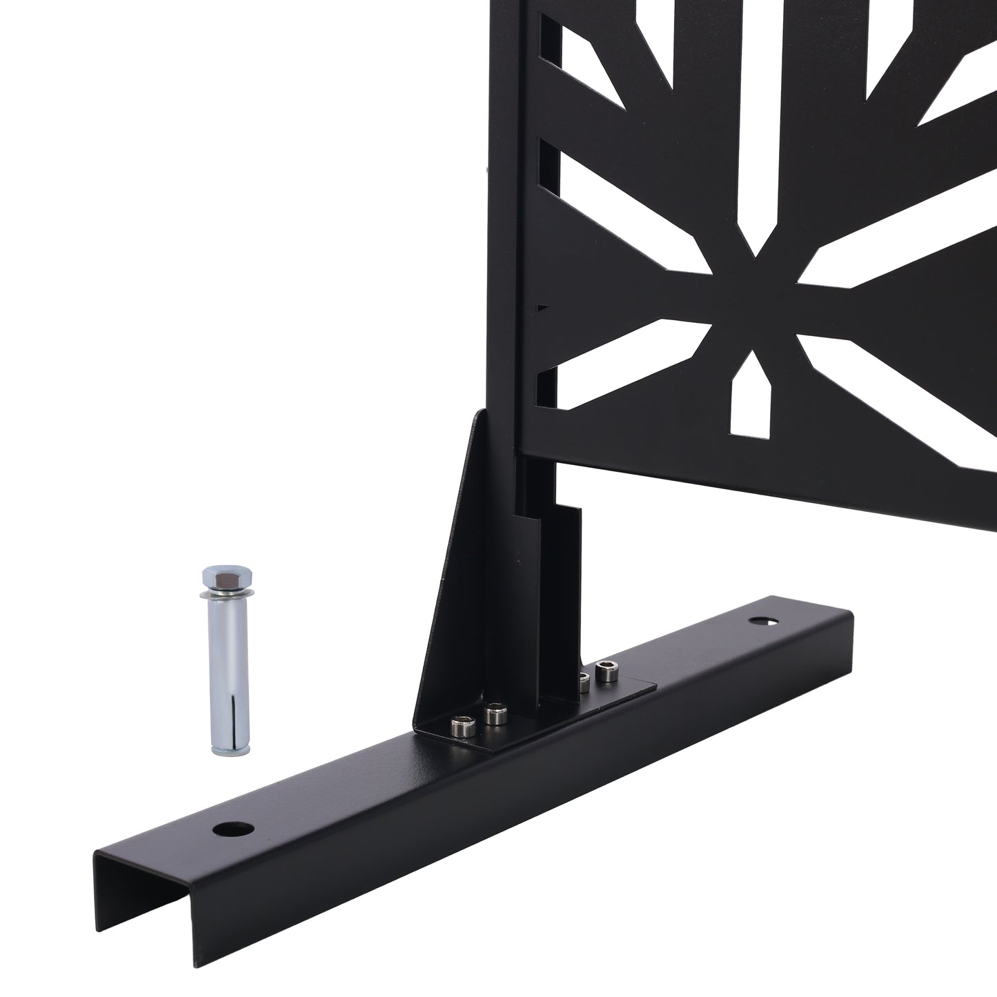 Black metal privacy screen panel with abstract geometric cutouts and base bracket