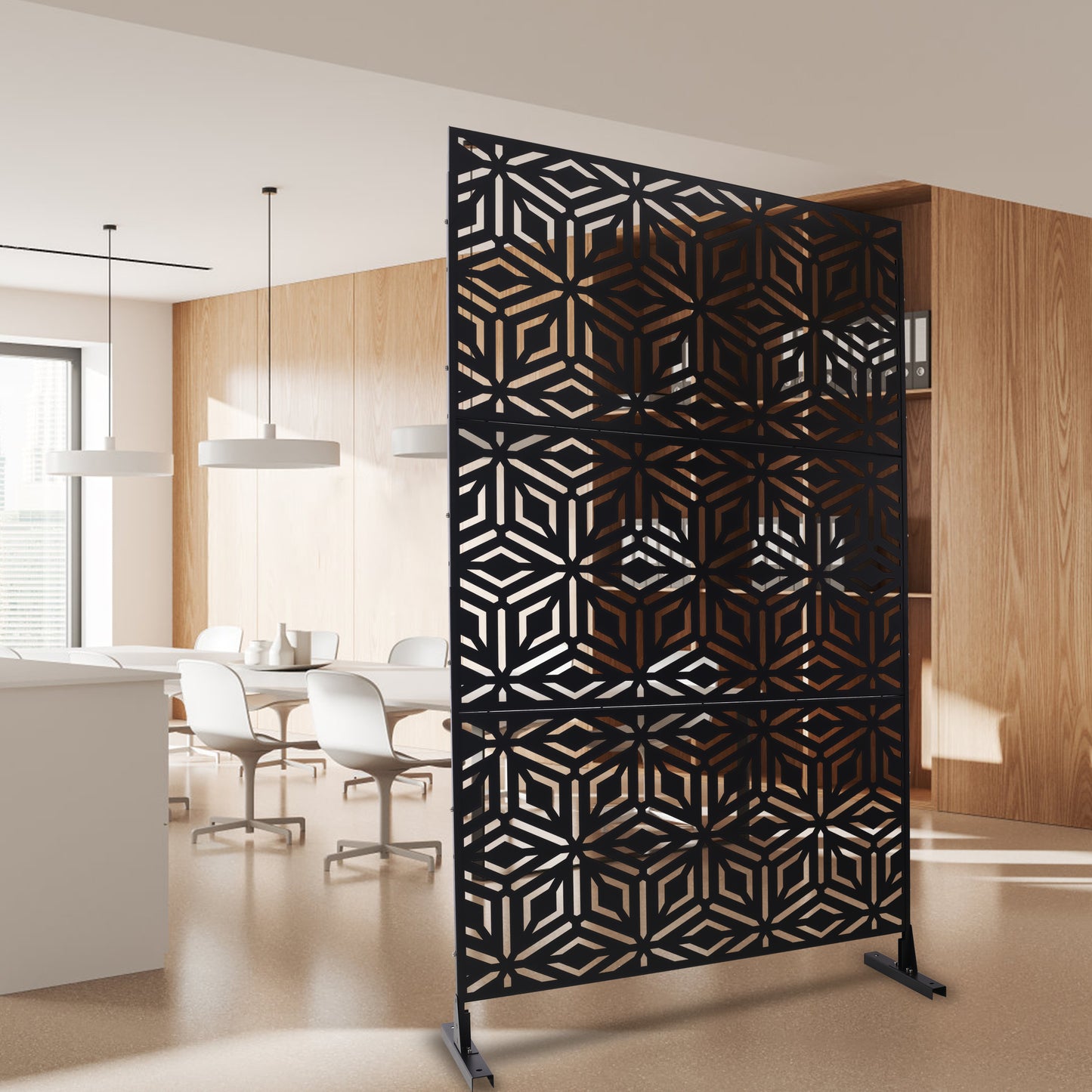 Black geometric room divider with intricate hexagonal patterns for stylish interior separation