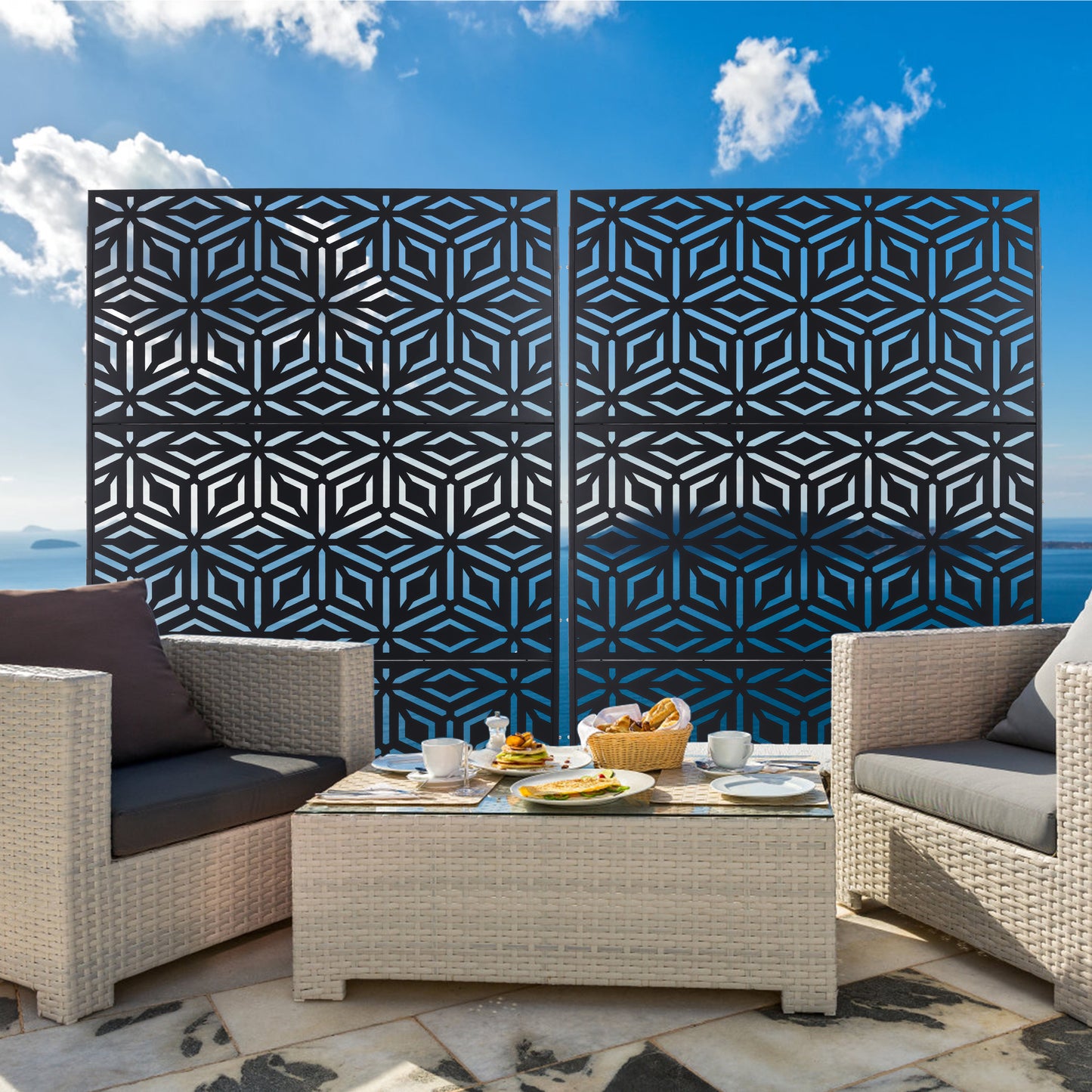 Decorative metal screen panel with geometric cube pattern for garden privacy