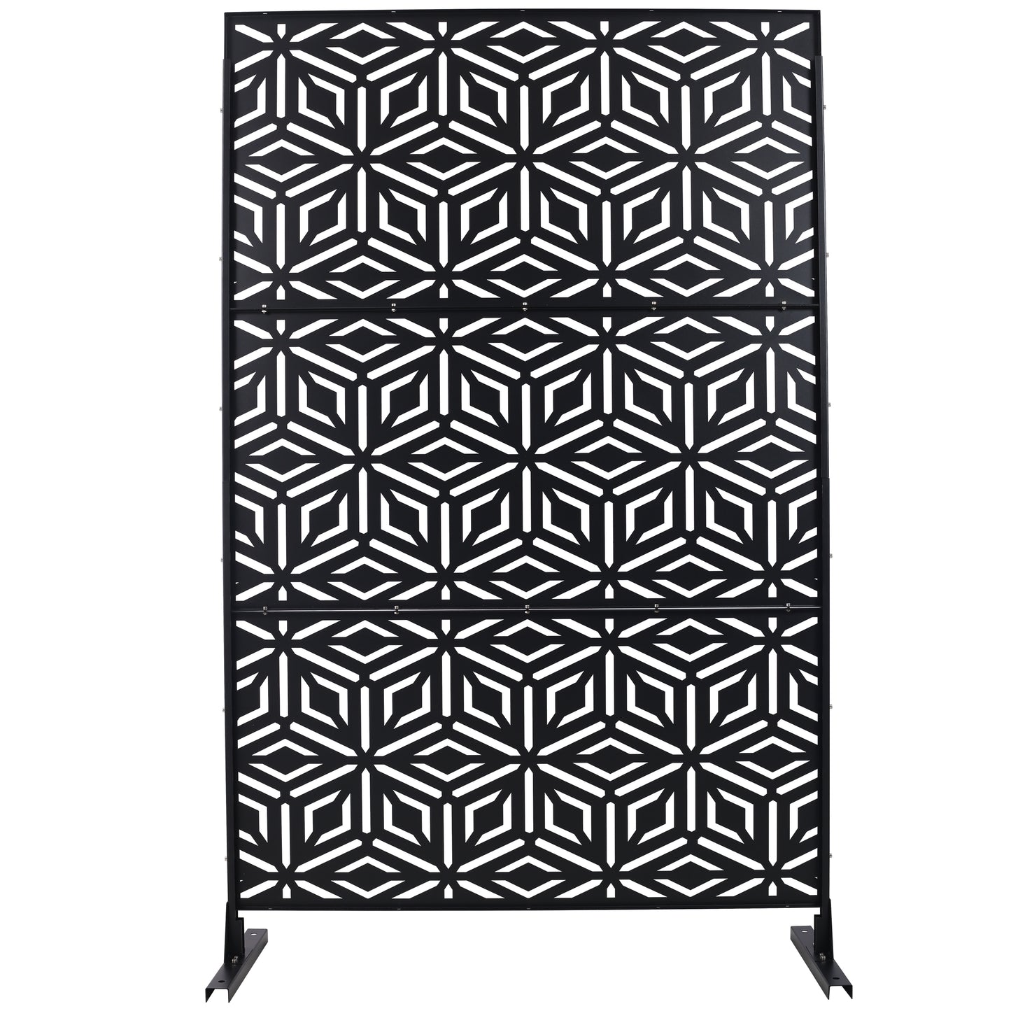 Black geometric metal garden screen with interlocking hexagonal pattern