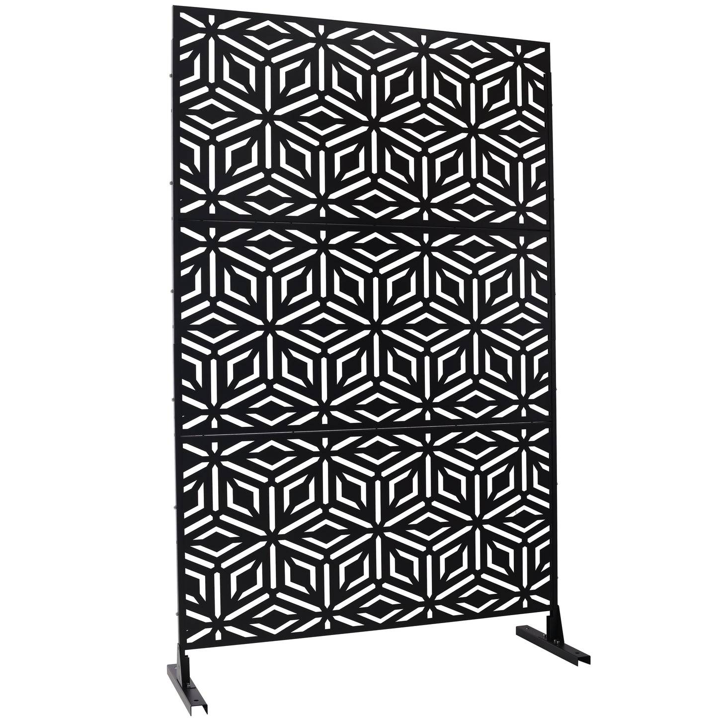 Black metal privacy screen with geometric starburst pattern ideal for gardens