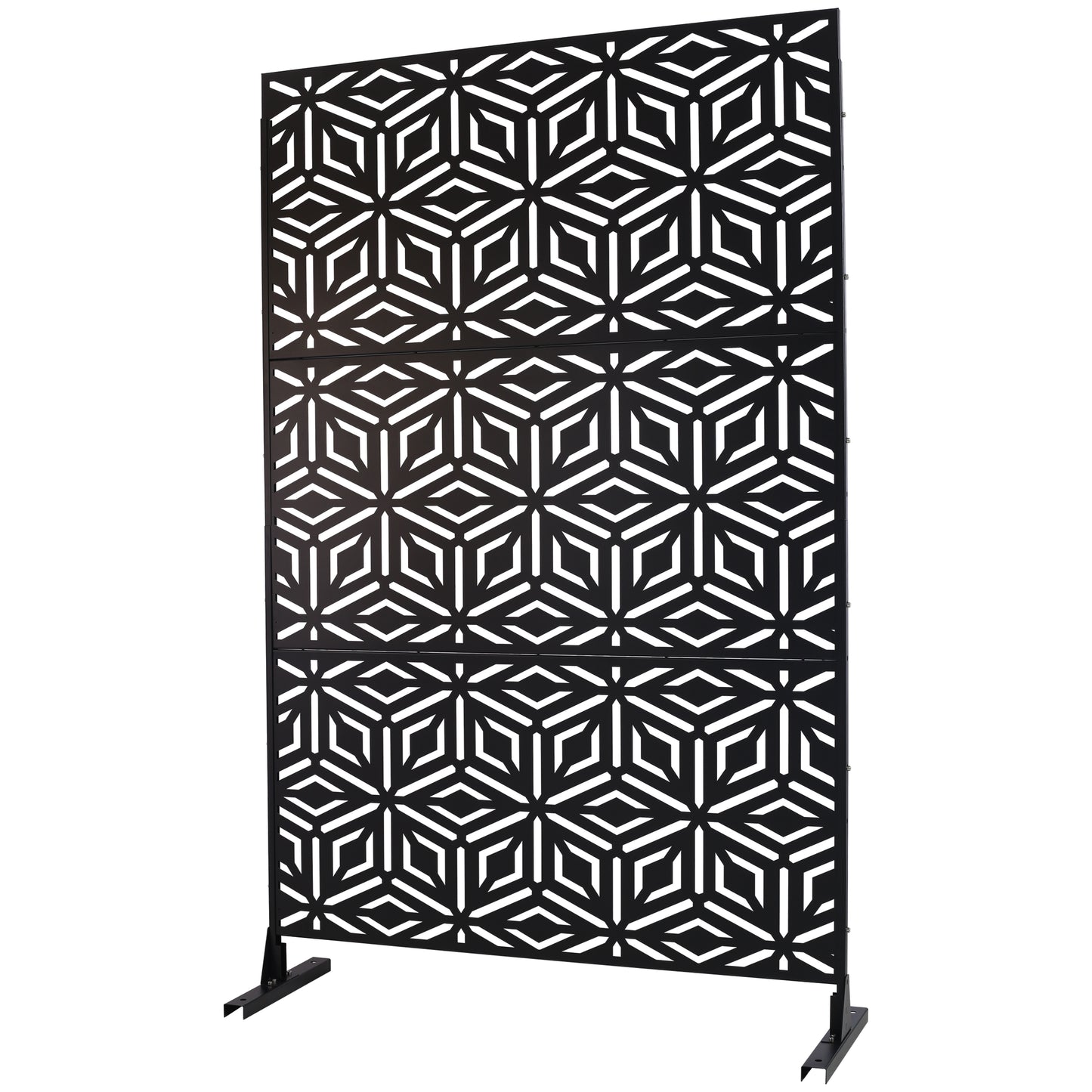 Black metal outdoor privacy screen with geometric pattern