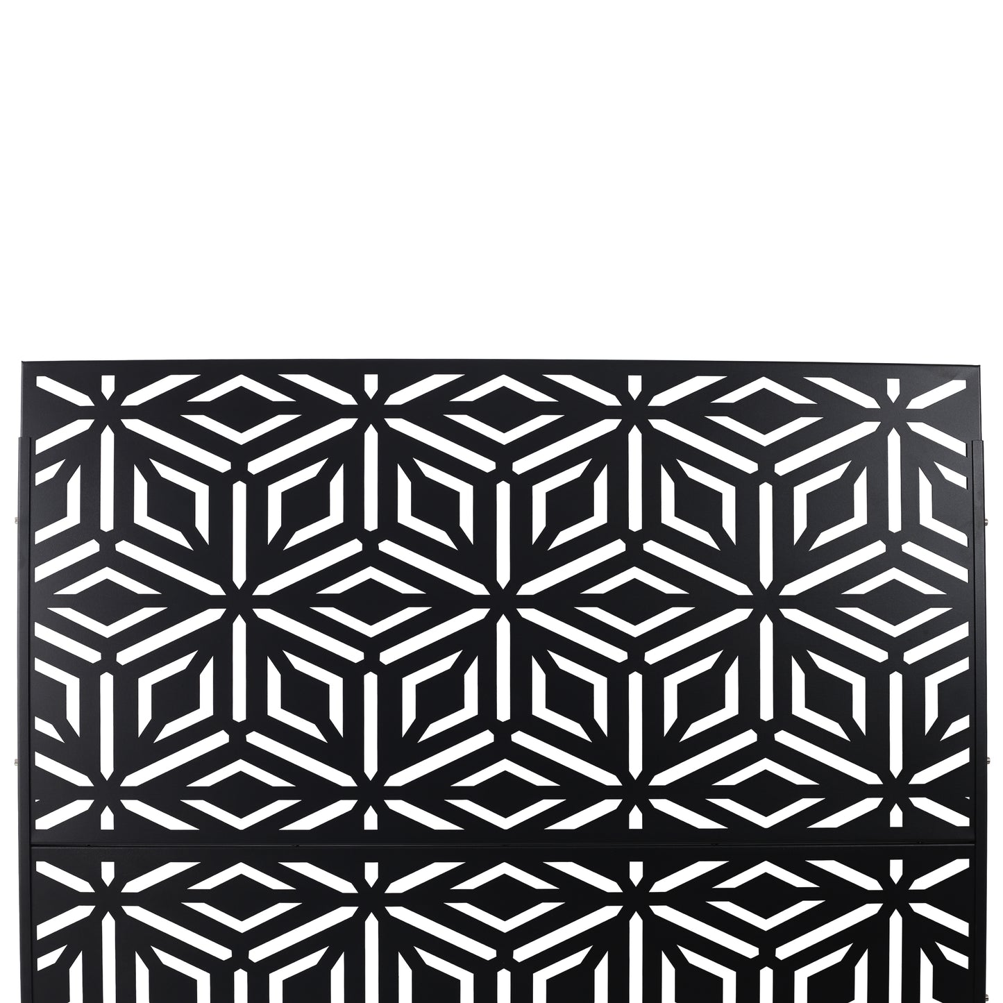 Black metal garden screen with a geometric hexagonal pattern offering privacy