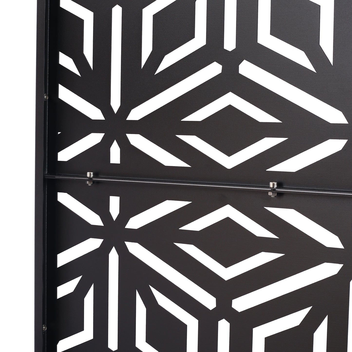 Black metal privacy screen with geometric interlocking hexagonal pattern