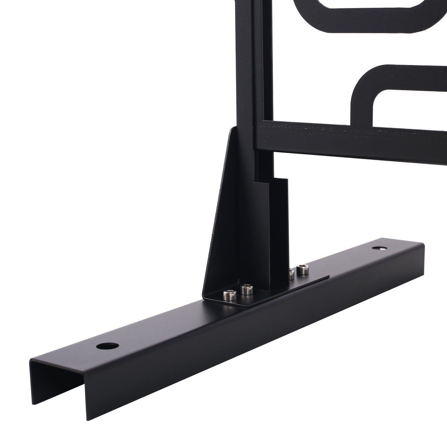 Black metal bracket with silver bolts on base for outdoor furniture