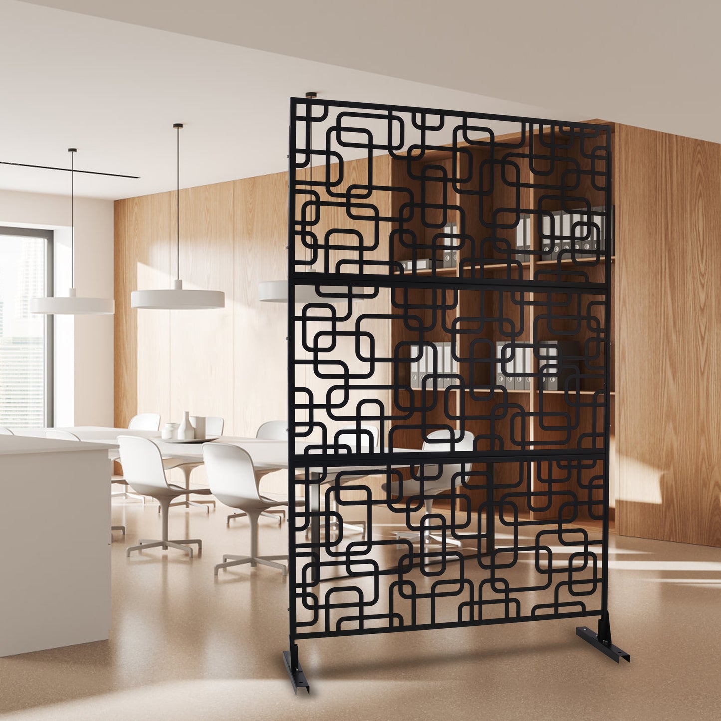 Black decorative metal room divider with a modern geometric abstract pattern