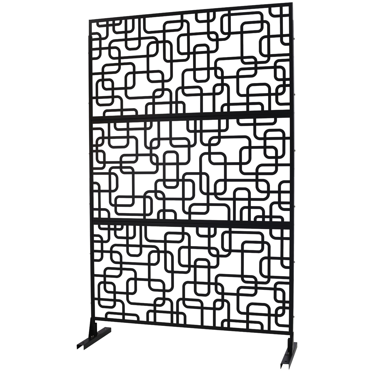 Black metal room divider with abstract rounded rectangle pattern and sturdy base