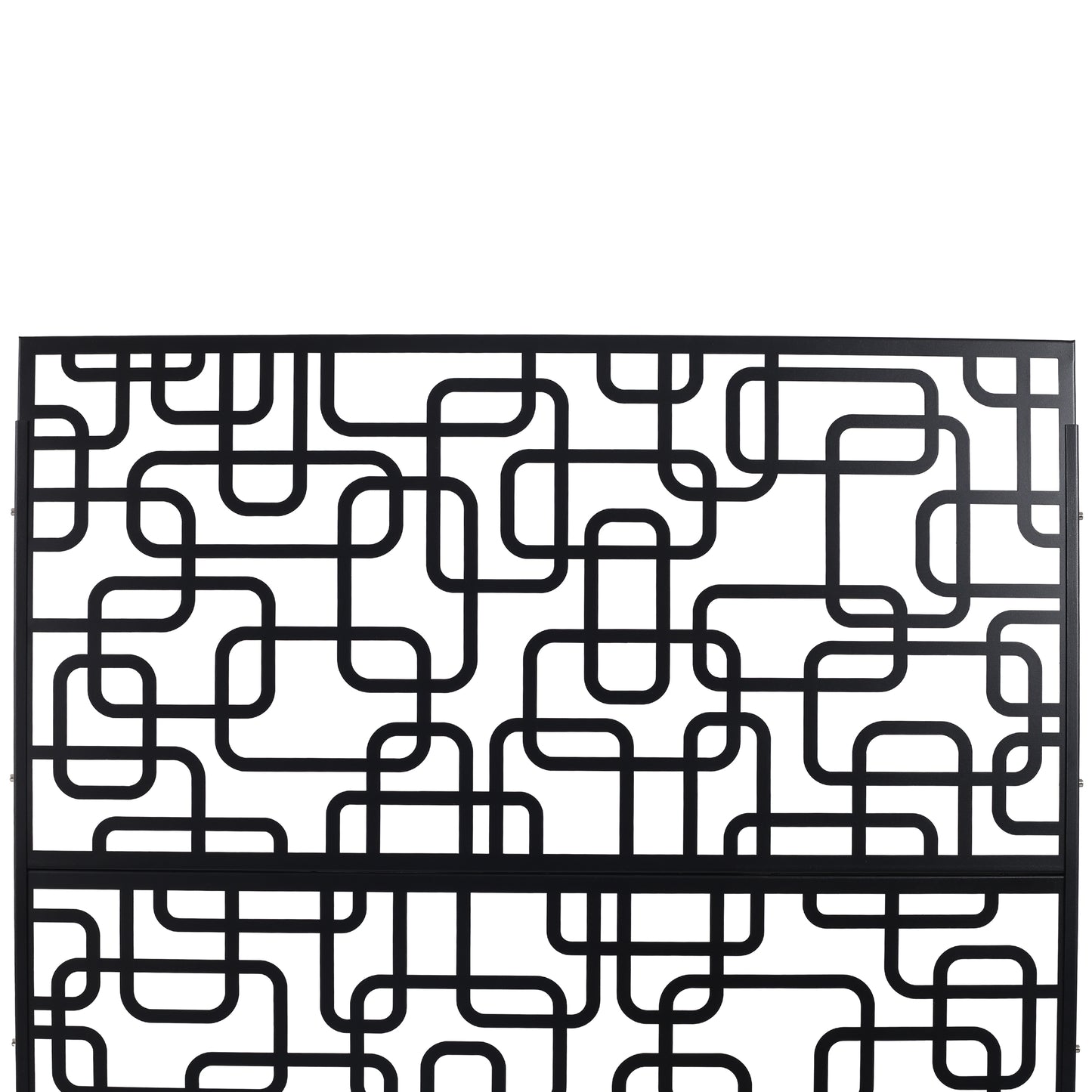 Black metal decorative screen with a geometric labyrinth pattern ideal for outdoor privacy