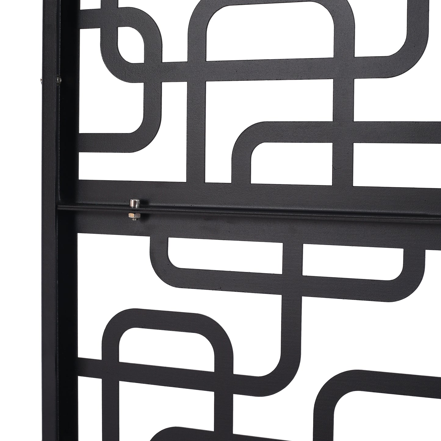 Black metal privacy screen with abstract geometric pattern