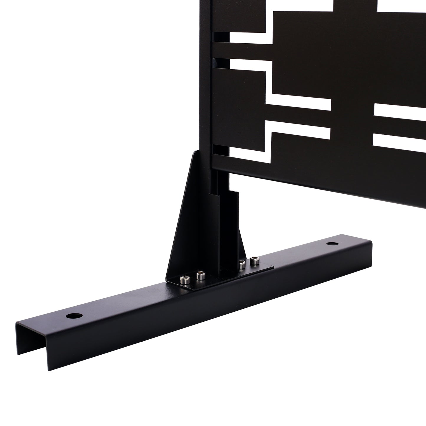 Black metal privacy screen base with geometric cutouts and securing bolts