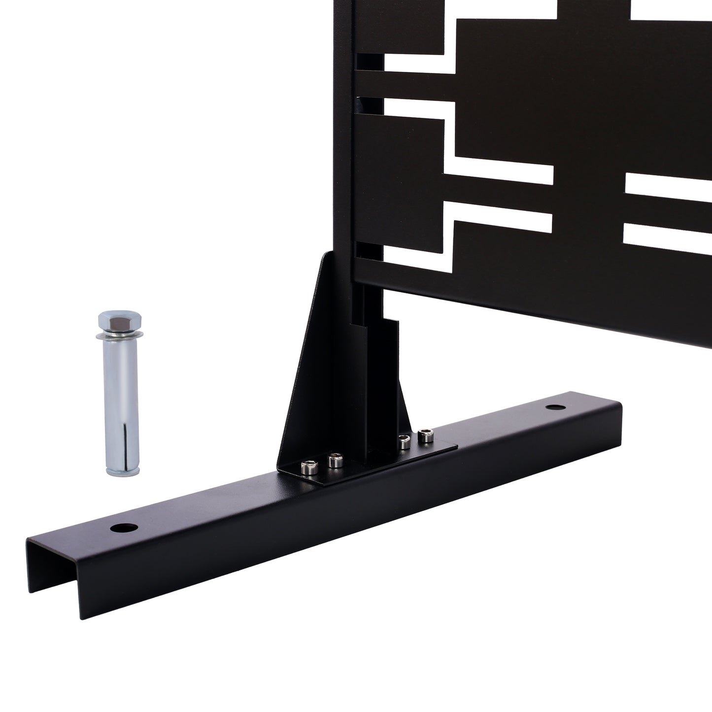 Black metal decorative privacy screen with geometric cutouts and base support