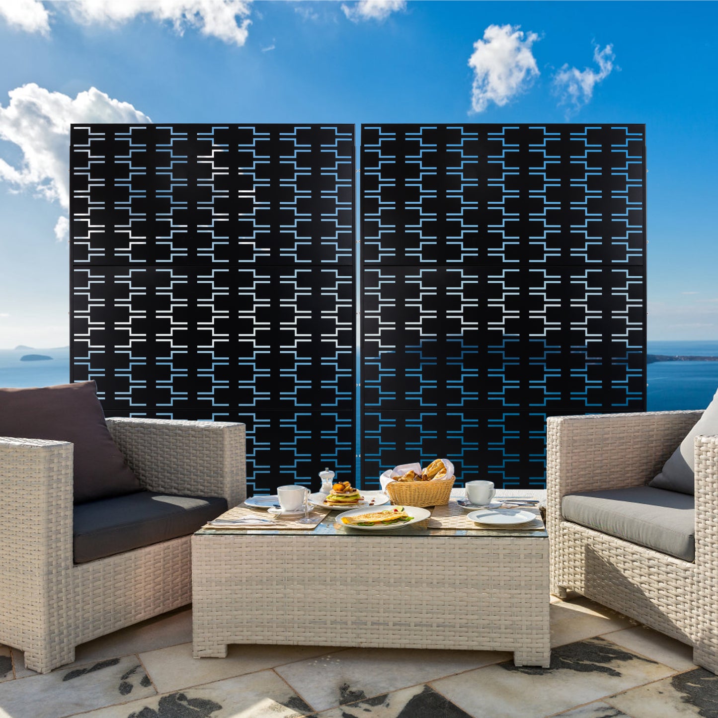 Black metal privacy screen with geometric cutouts perfect for outdoor patio decor