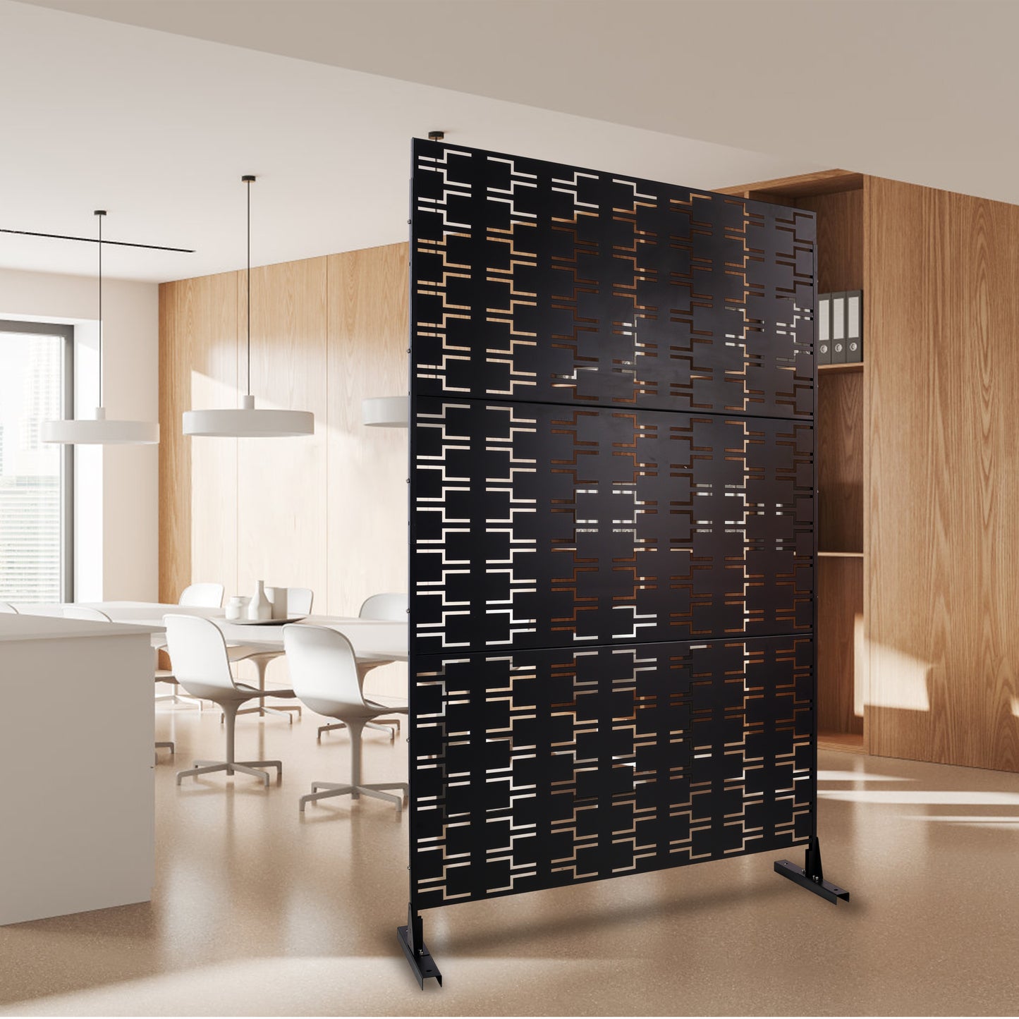 Black geometric metal room divider with a modern lasercut design for office spaces