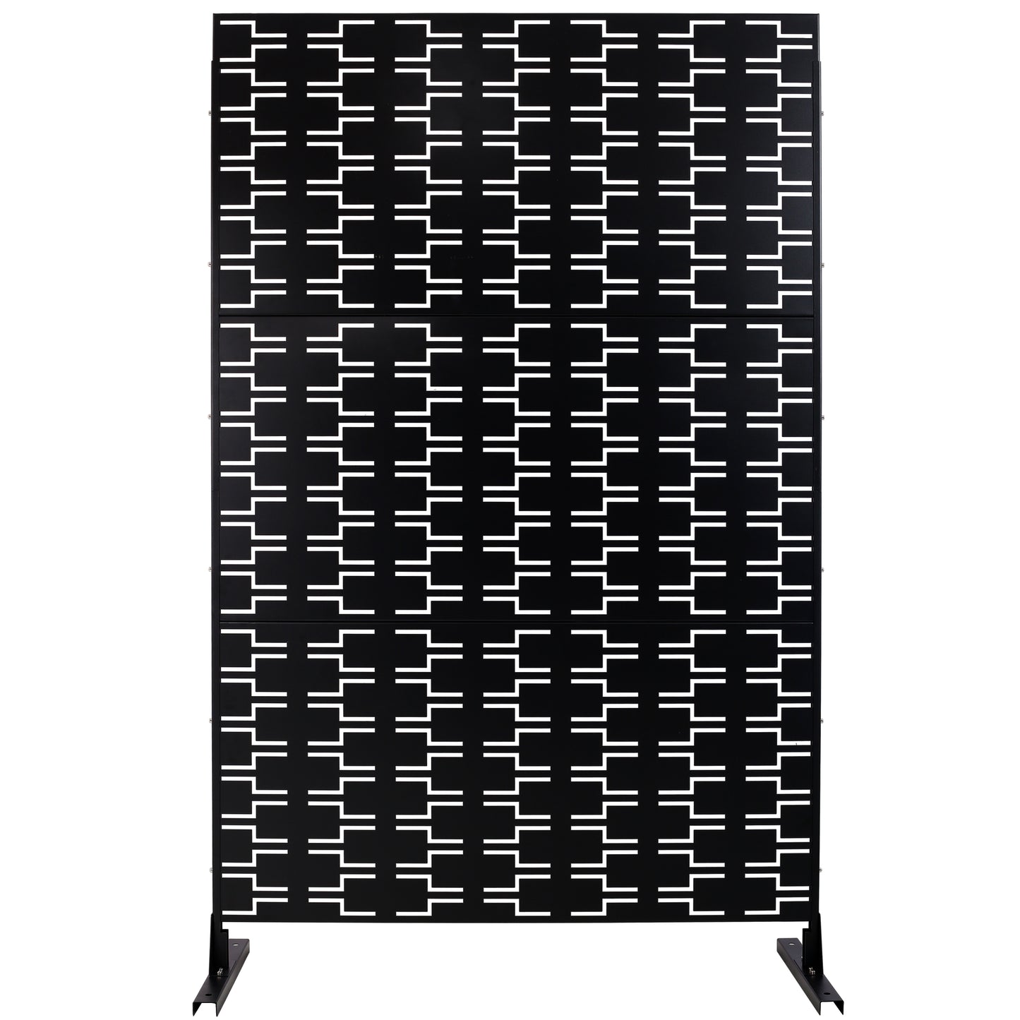 Black decorative metal screen with white geometric pattern and sturdy black base