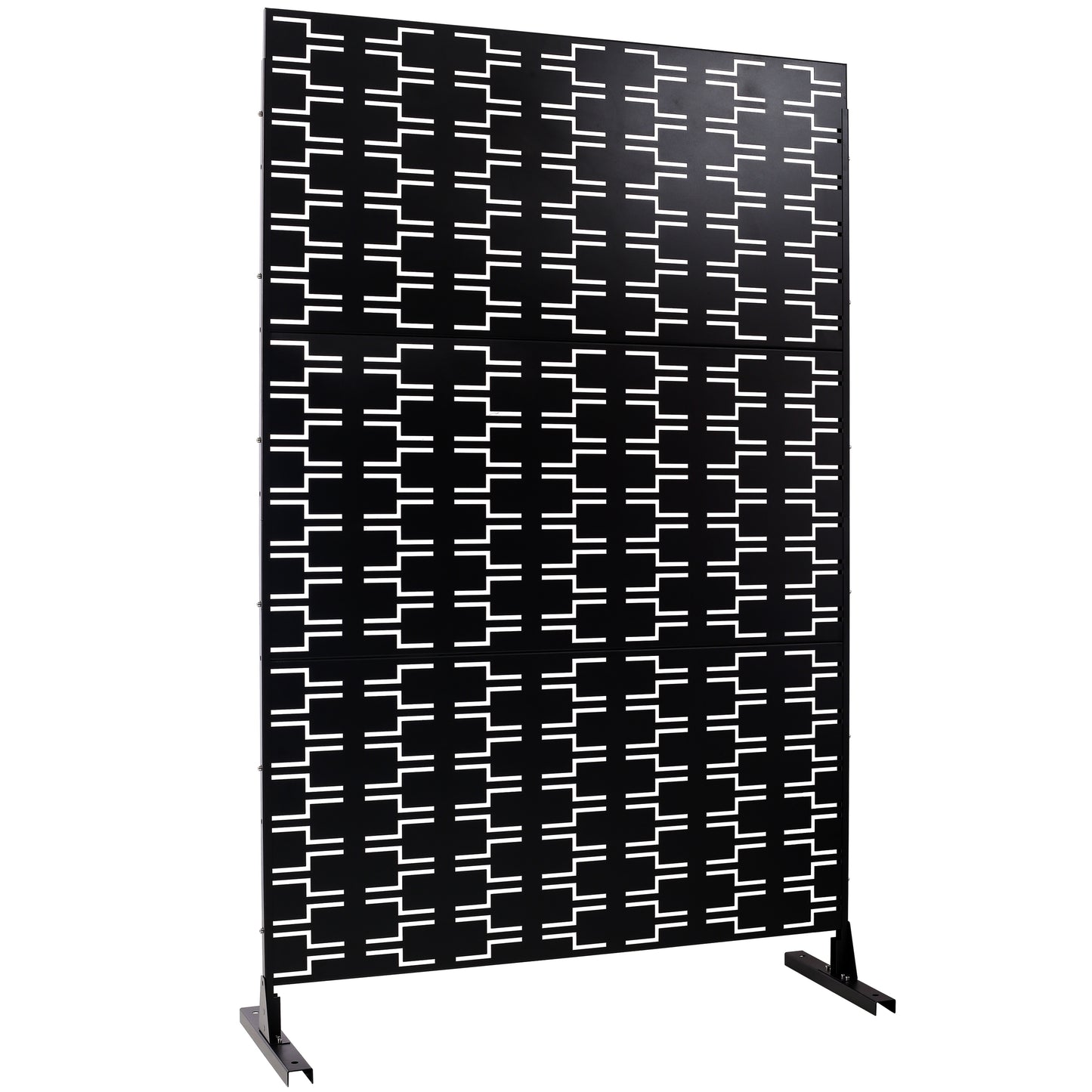 Modern black metal screen with white geometric cutouts perfect for room division