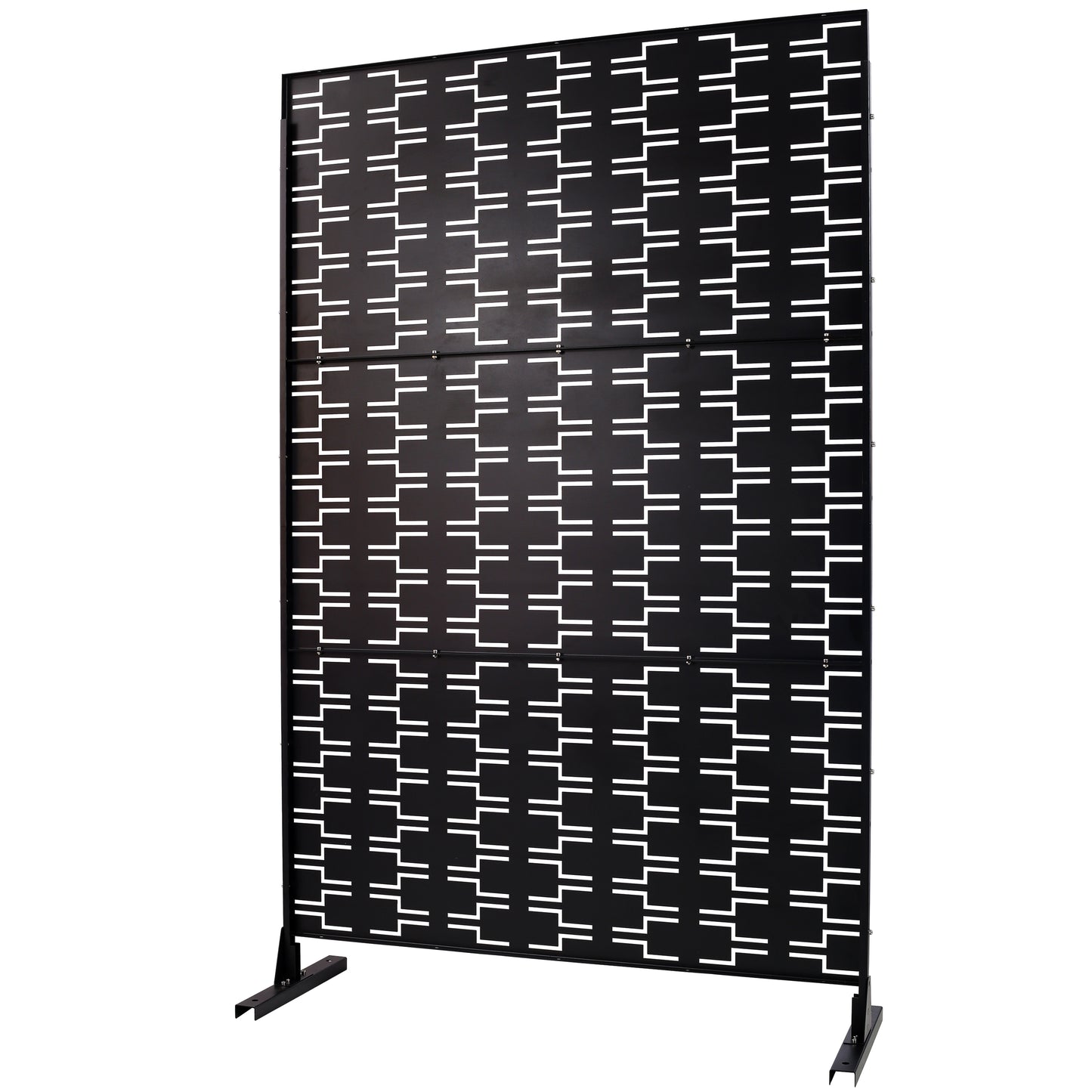 Black metal privacy screen with geometric cutouts ideal for outdoor patio dividers