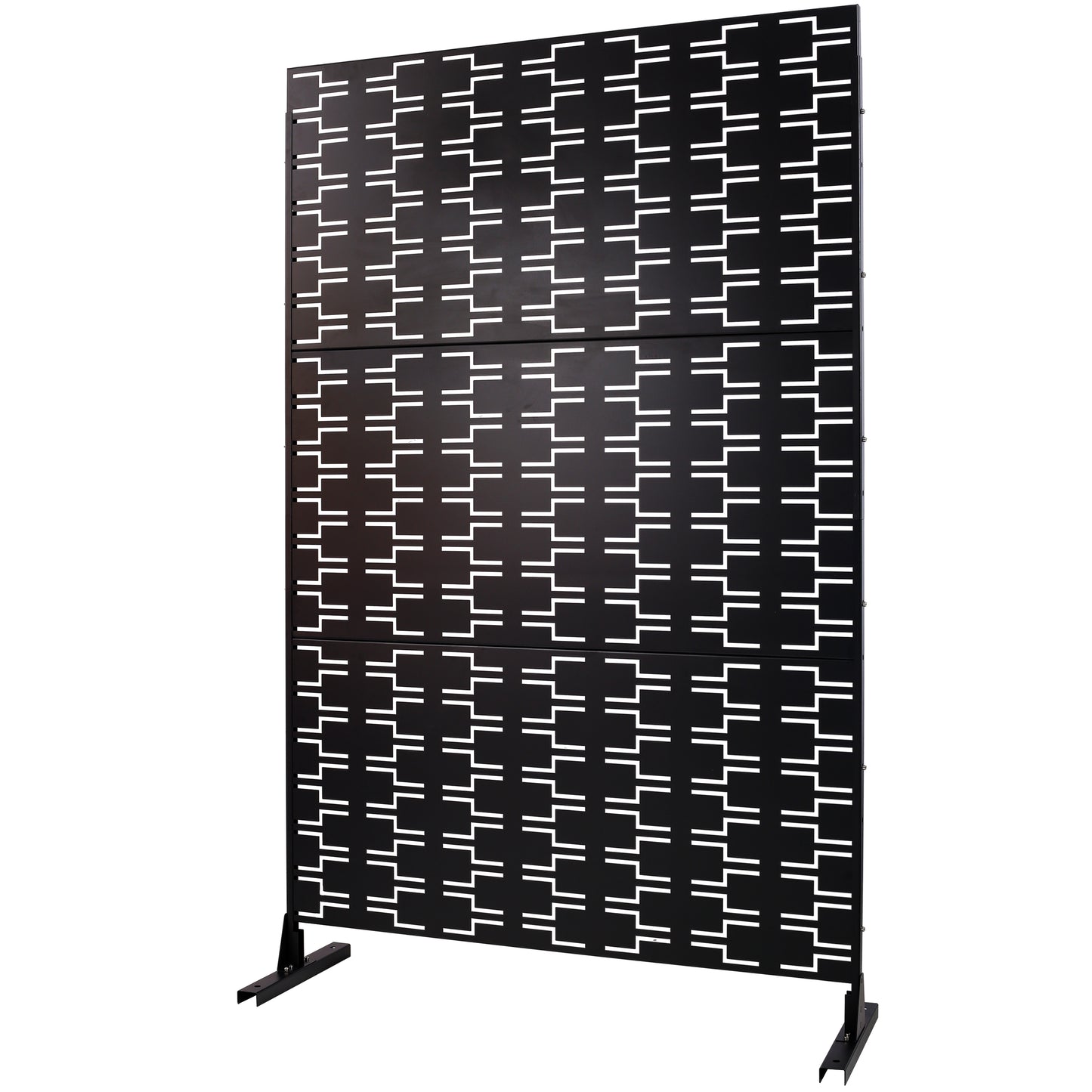 Black metal outdoor privacy screen with geometric white cutouts modern design