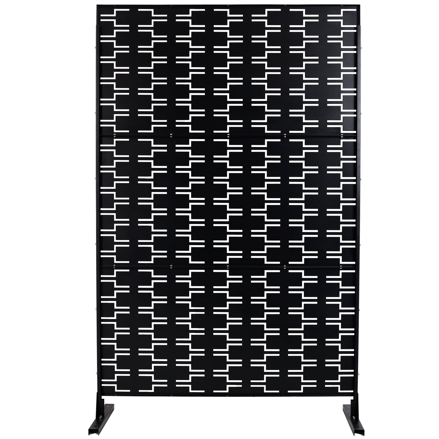 Black metal room divider with a geometric white fretwork pattern offering privacy