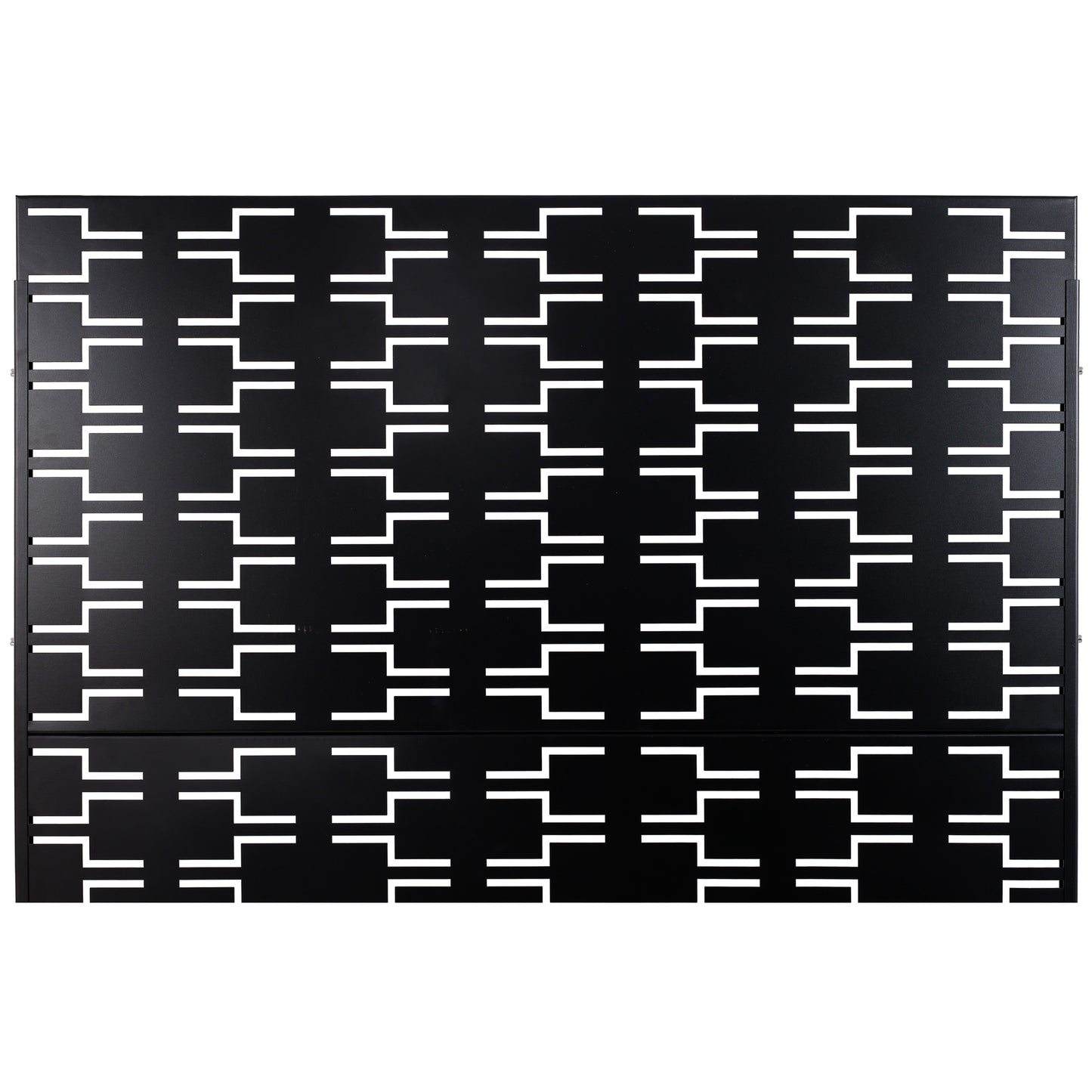 Black metal decorative screen with white geometric interlocking pattern suitable for garden fencing