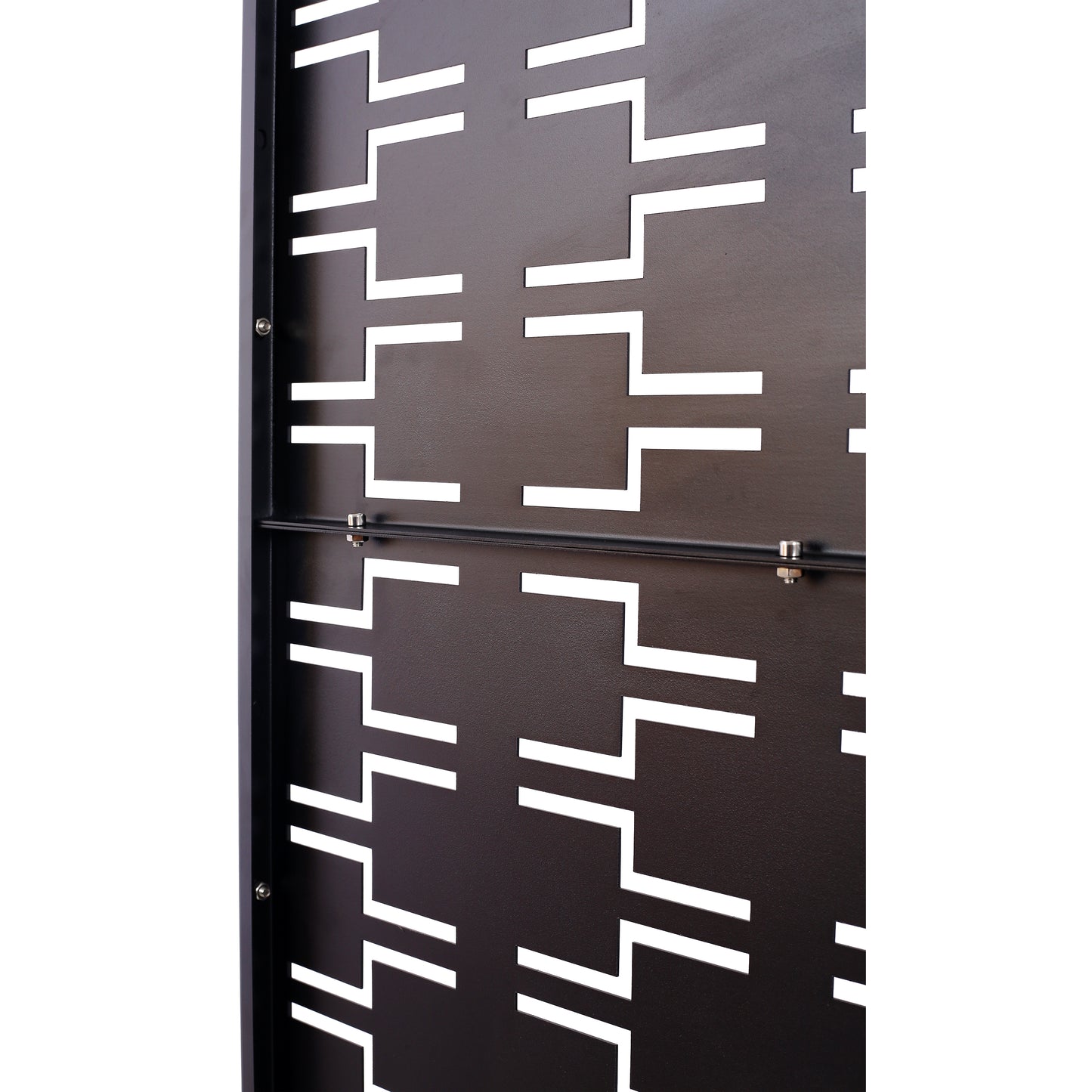 Black metal perforated panel with geometric white cutouts ideal for modern furniture accents