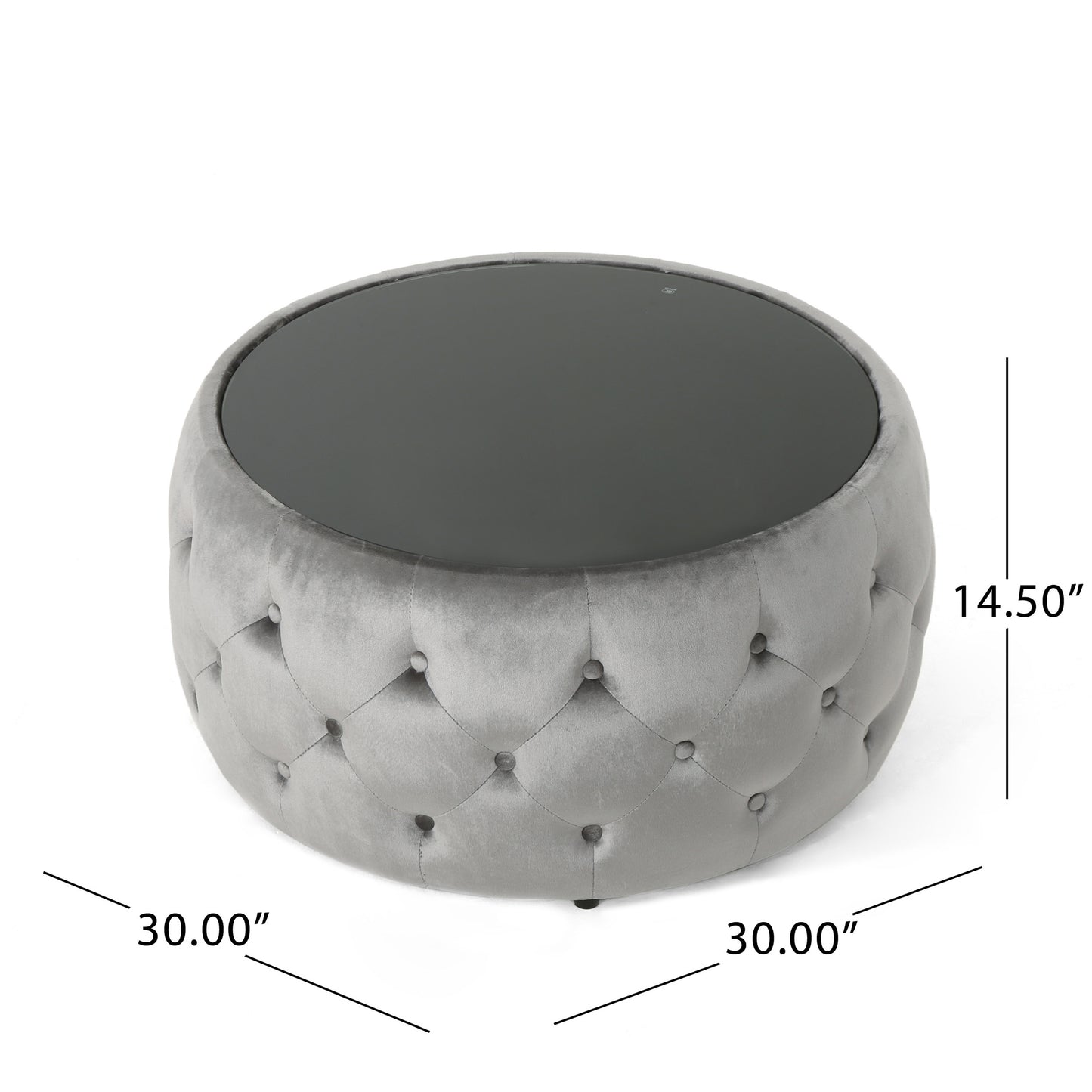 Grey velvet tufted round ottoman with a glass top