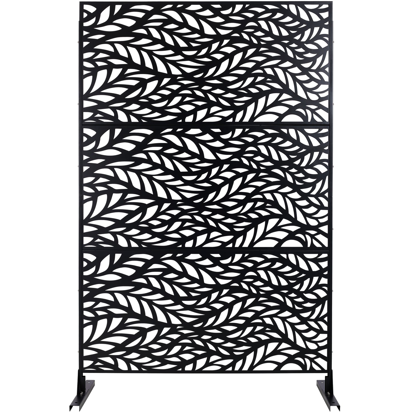 Black metal outdoor privacy screen with intricate leaf pattern ideal for garden decor