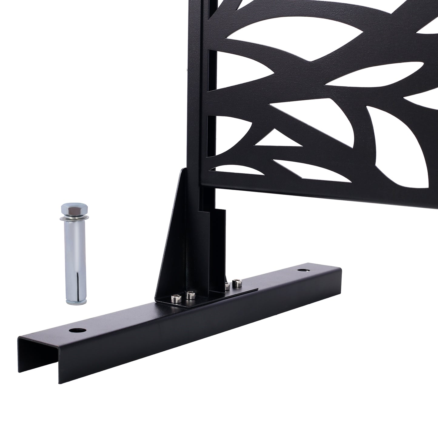 Black metal garden screen with leaf pattern and mounting base