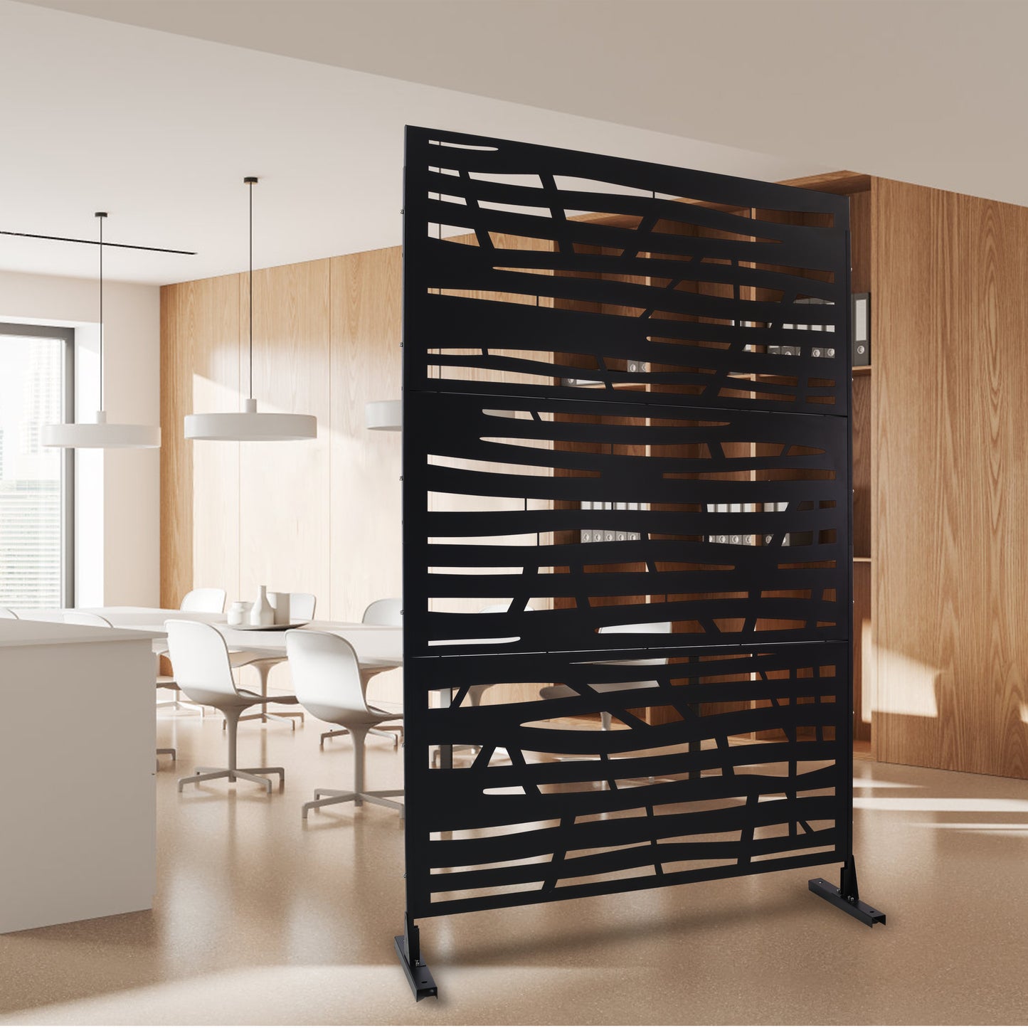 Black metal room divider with abstract cutouts modern design for living spaces