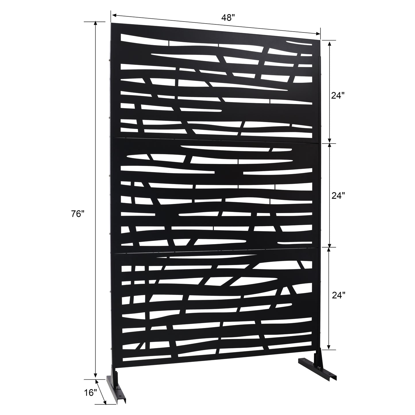 Black metal outdoor privacy screen with a modern abstract design