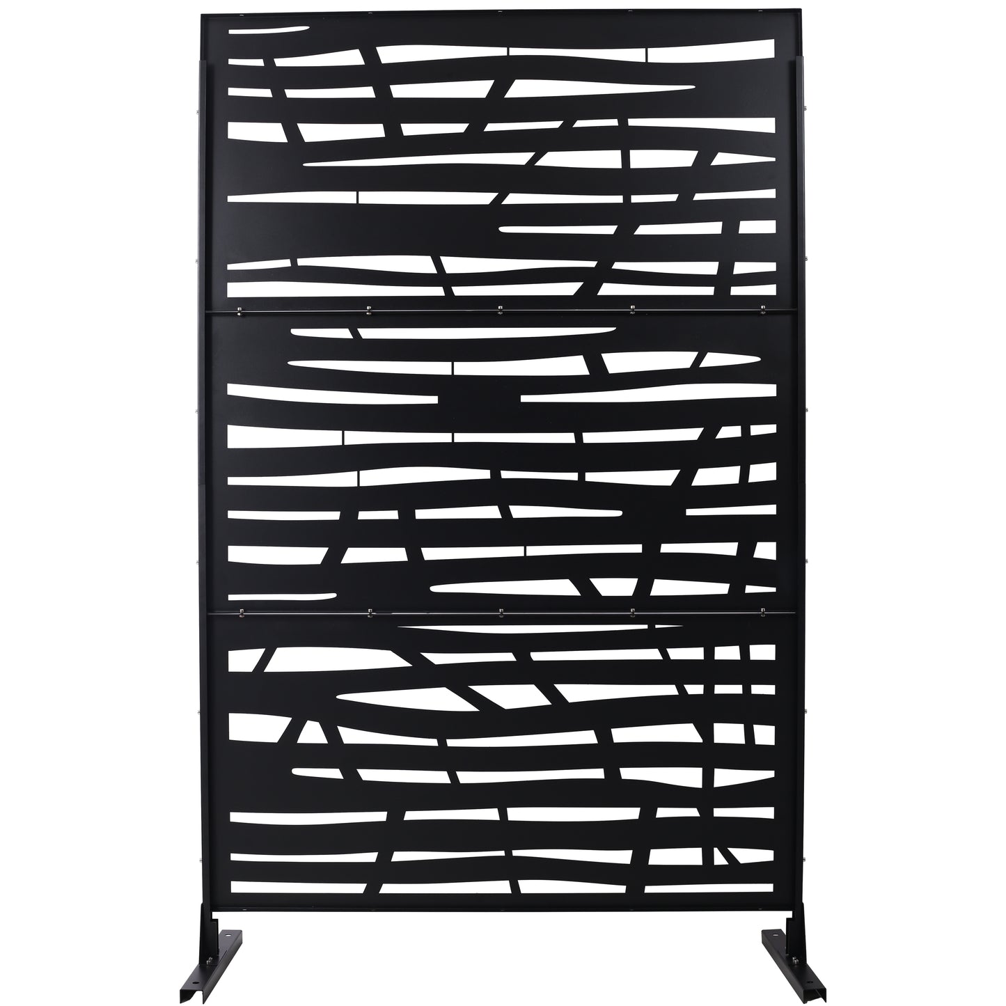 Black metal privacy screen with abstract wave pattern and metal feet