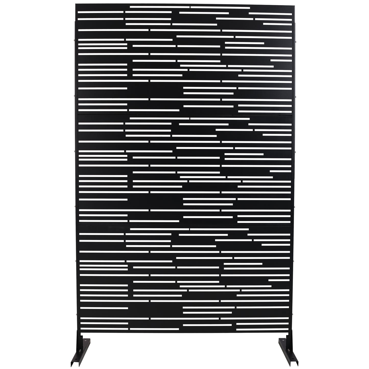 Modern black metal privacy screen with horizontal slat design and metal base