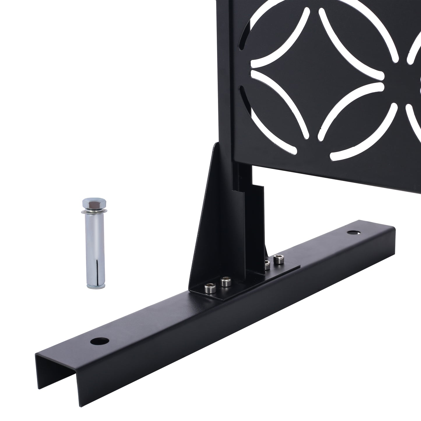 Black metal decorative screen bracket with scroll pattern and mounting hardware