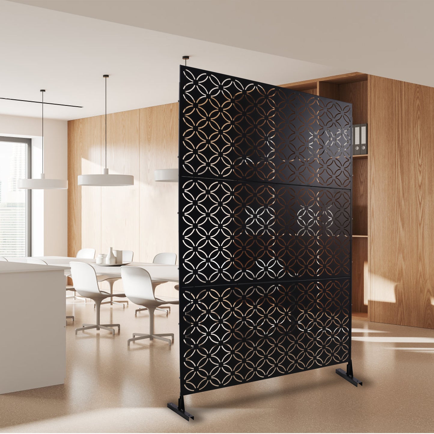 Black decorative room divider with interlocking circle pattern ideal for modern spaces