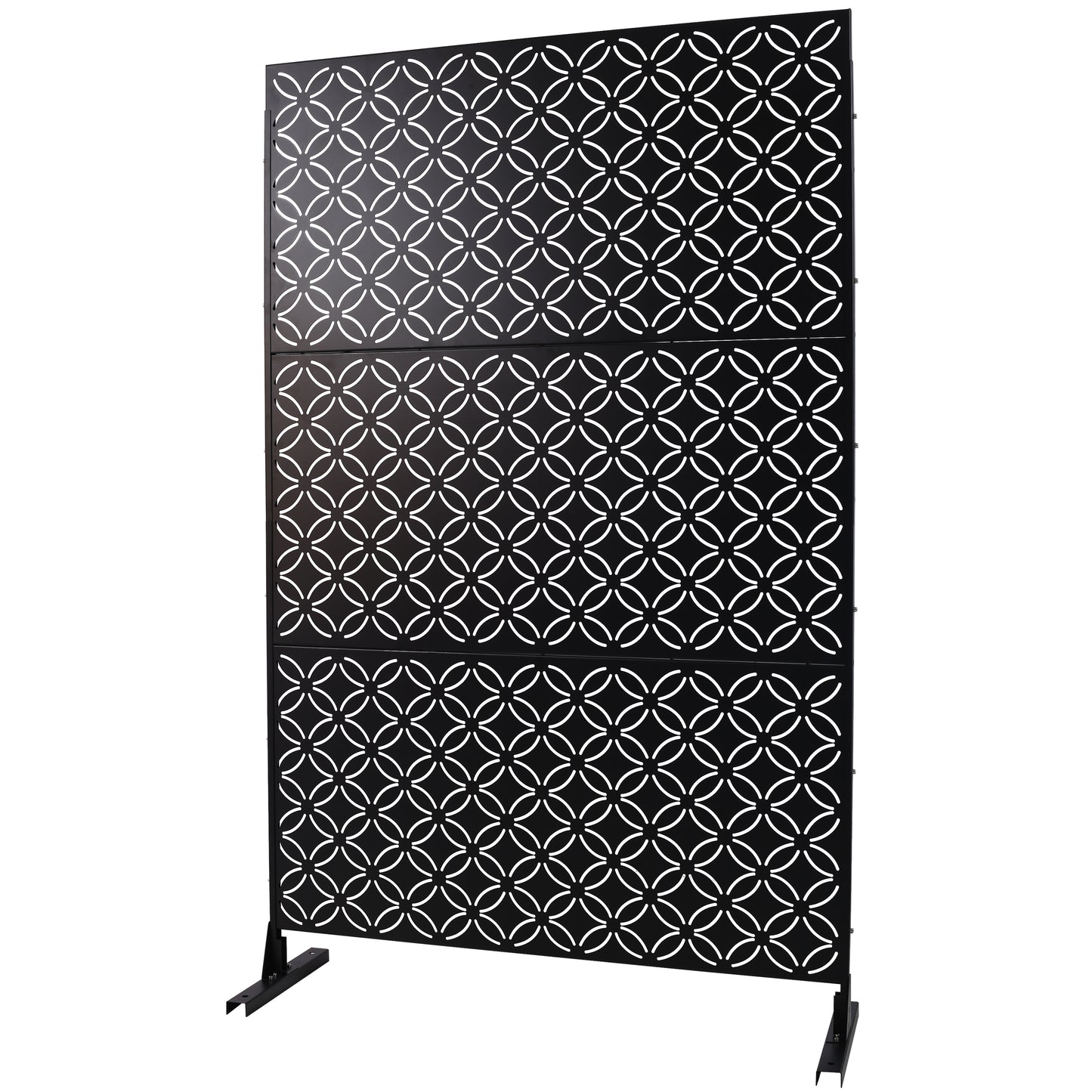 Black metal garden screen with an interlocking circular geometric pattern cm high