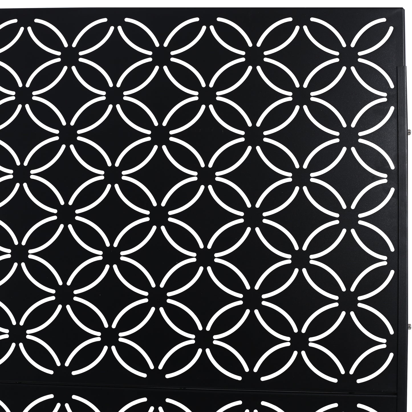 Black metal screen with interlocking white circles geometric pattern modern design accent