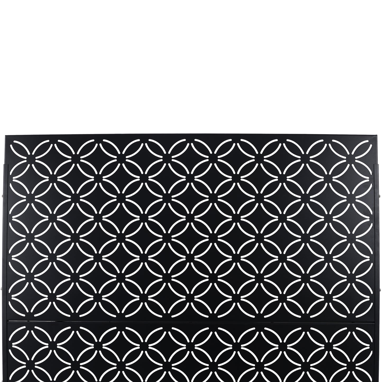 Black metal decorative screen with a geometric interlocking circle pattern ideal for garden fencing