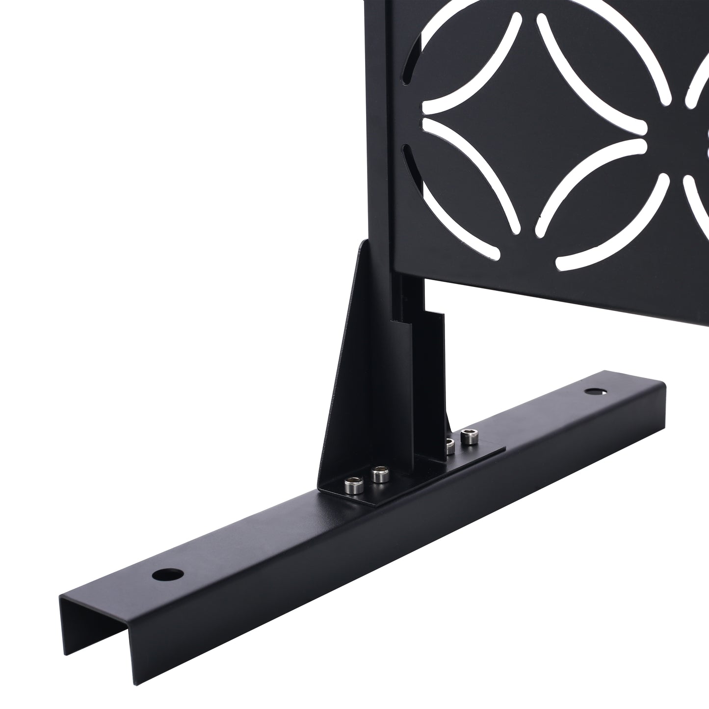 Black metal screen panel with decorative cutouts and sturdy mounting bracket