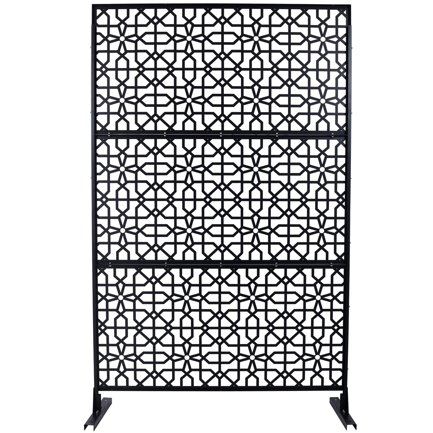 Black metal folding screen with geometric pattern ideal for privacy screens