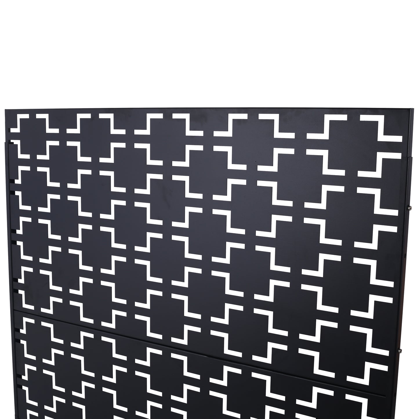 Black metal decorative screen panel with repeating geometric cutouts ideal for garden privacy