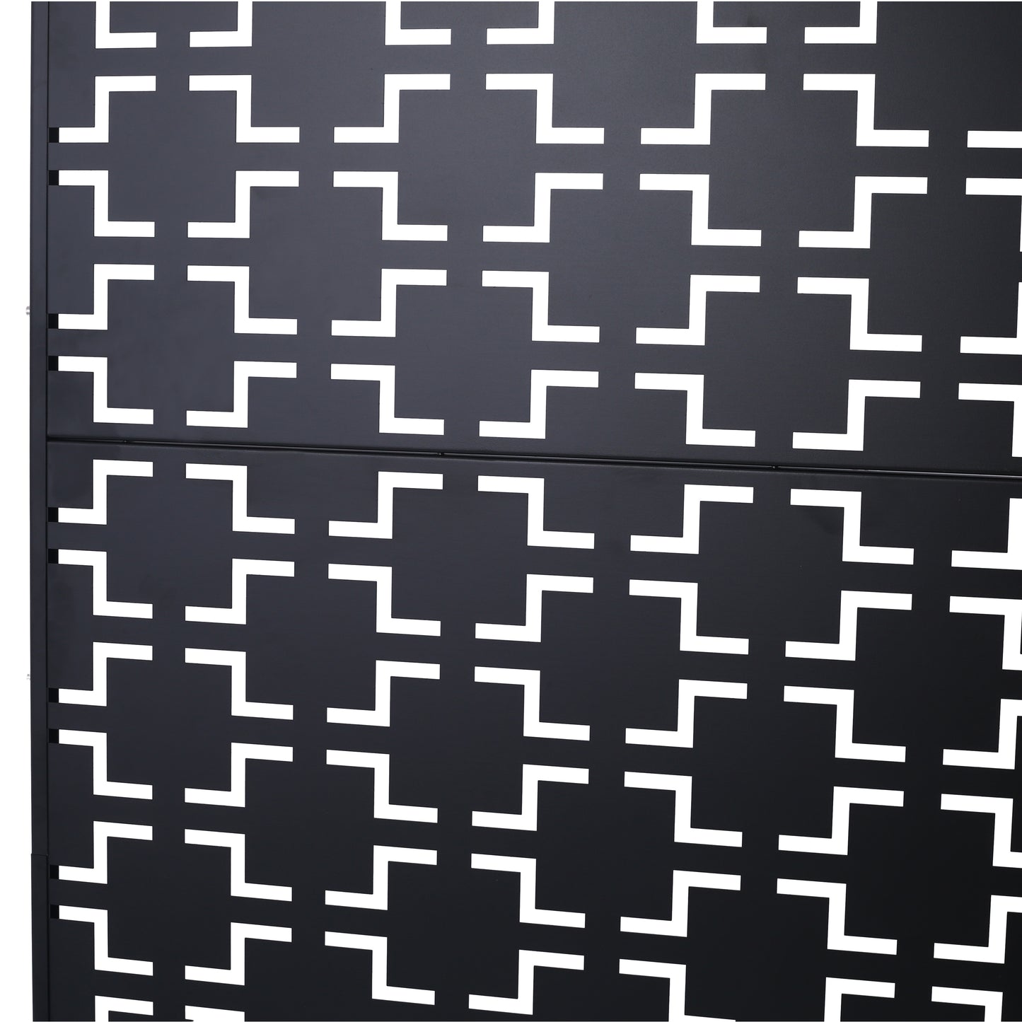 Black metal screen panel with white geometric interlocking square pattern
