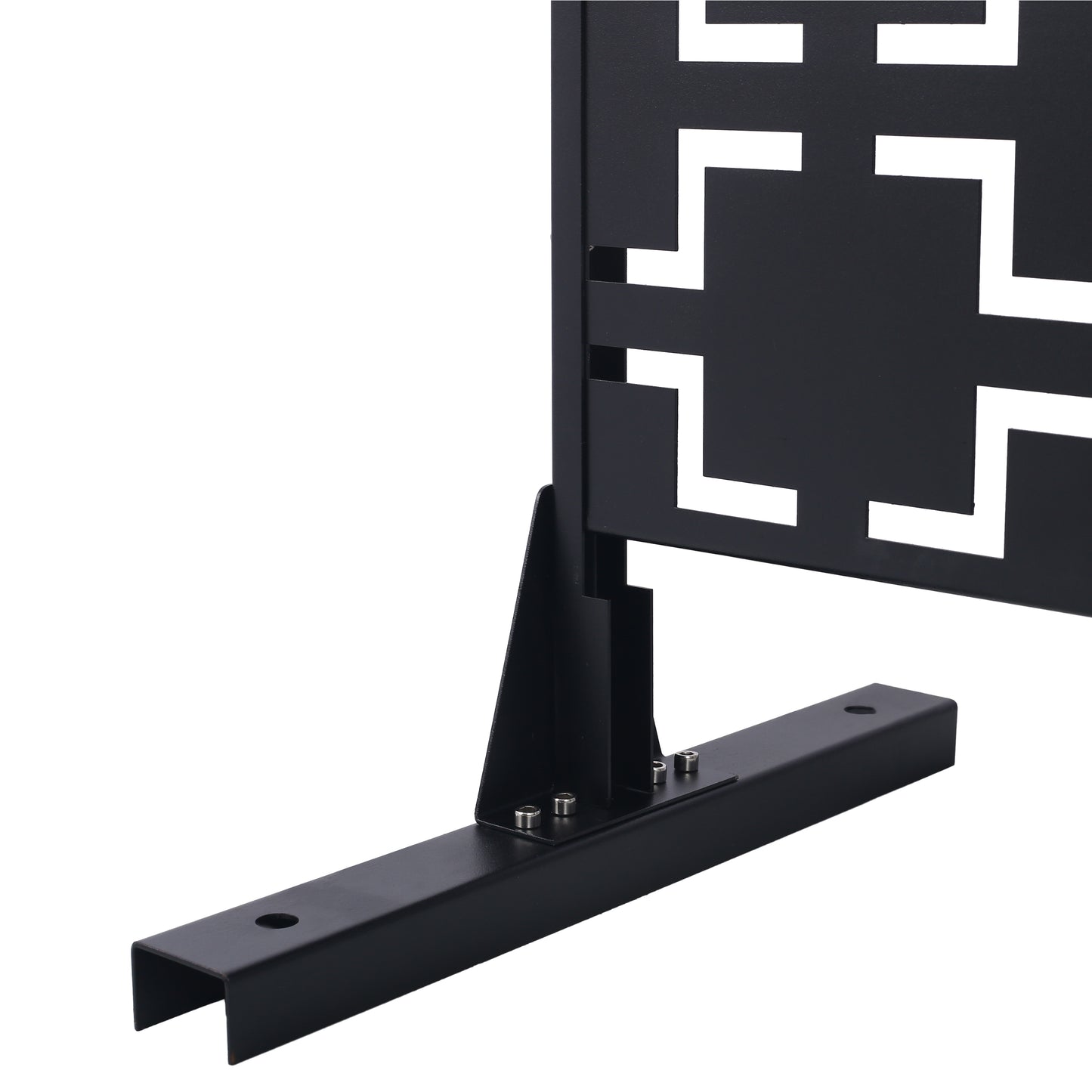 Black metal privacy screen with geometric cutouts and angled base support