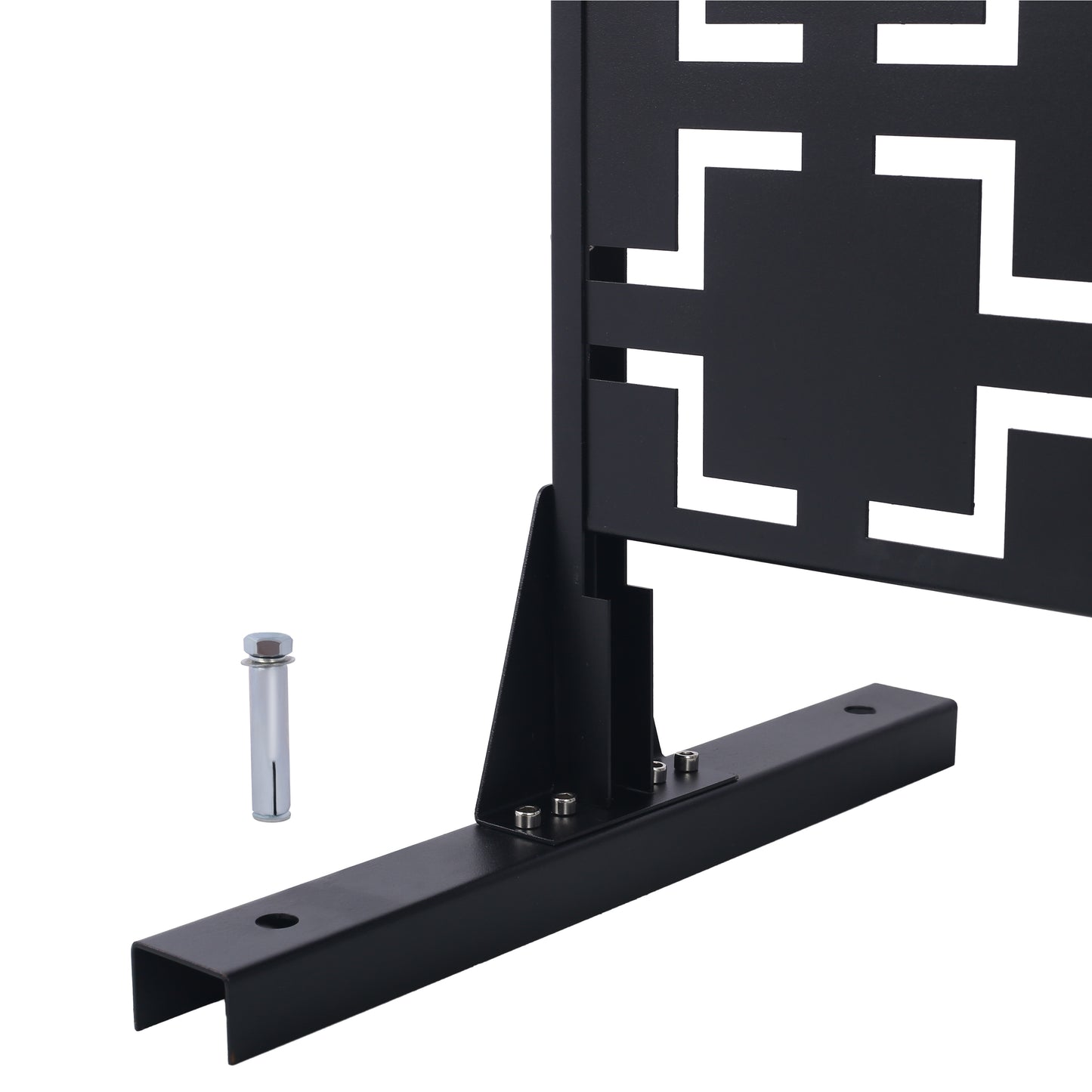 Black metal privacy screen section with geometric cutouts and mounting bracket