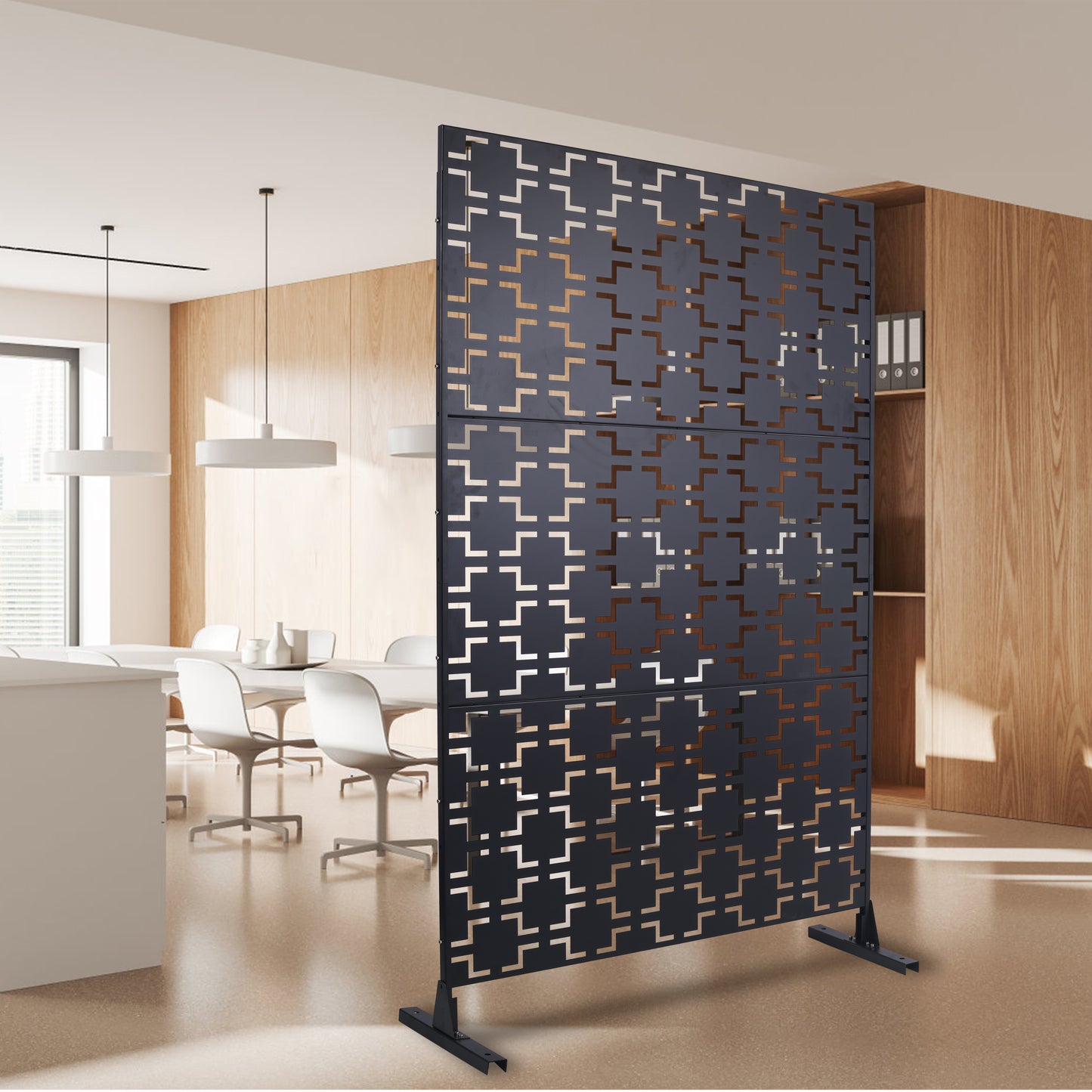 Dark gray metal room divider with geometric pattern for home office