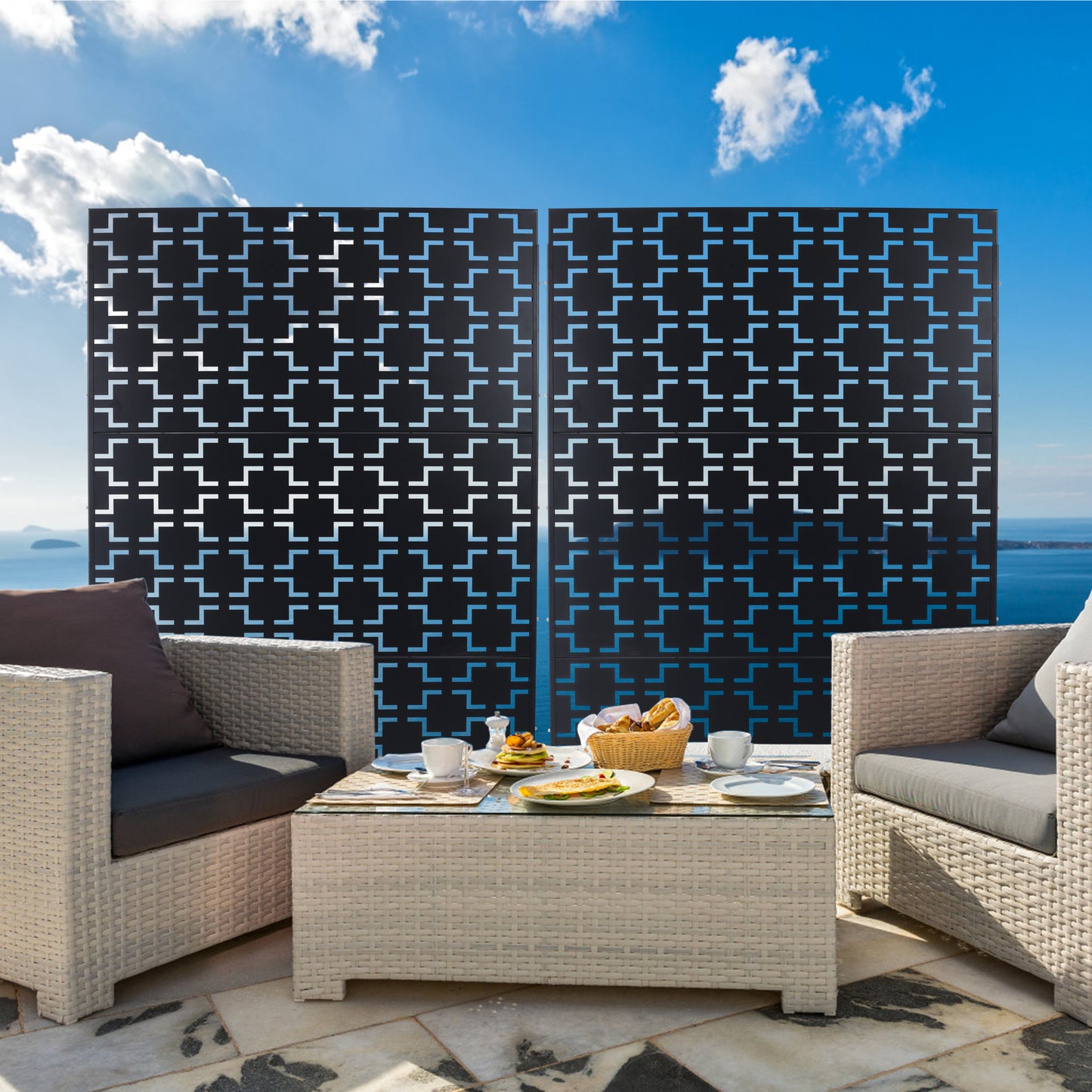 Modern black privacy screen with geometric pattern for outdoor patios and decks
