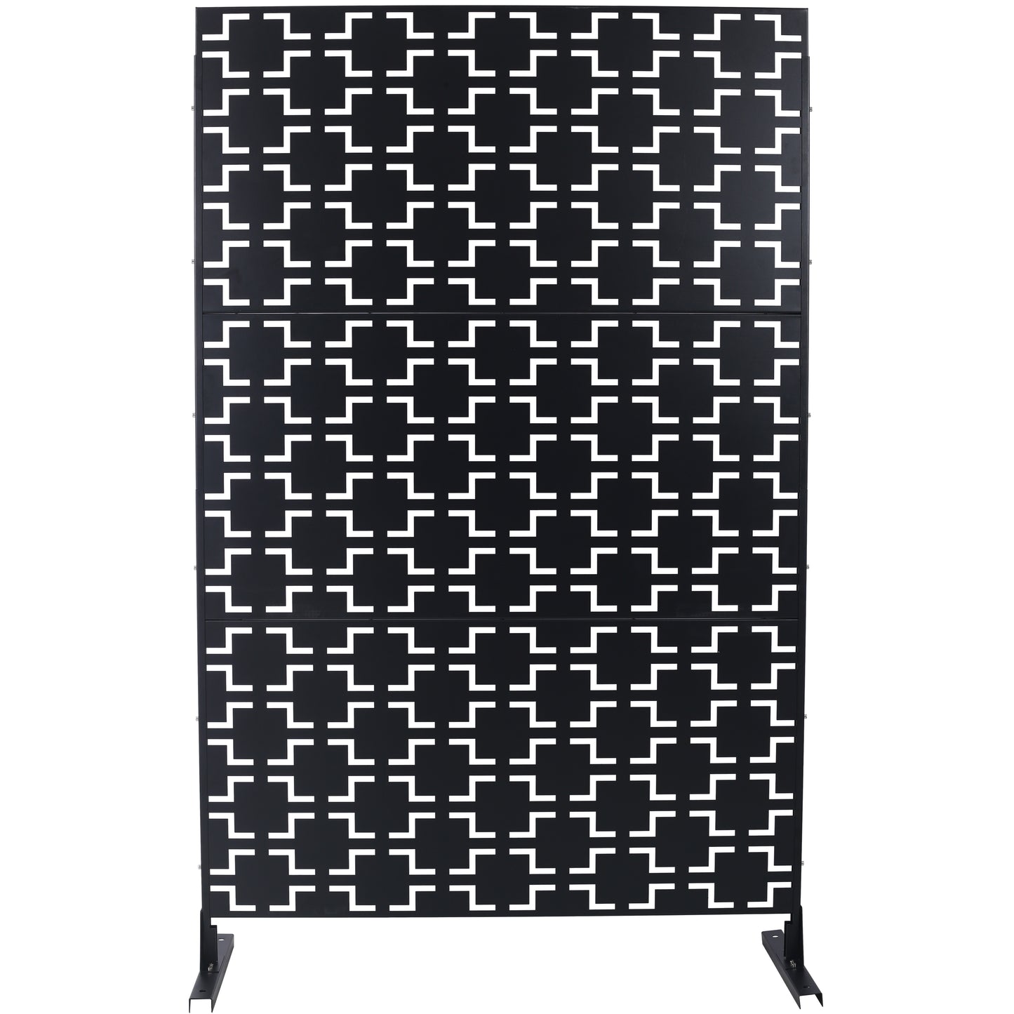 Black metal garden screen with a geometric white interlocking square pattern