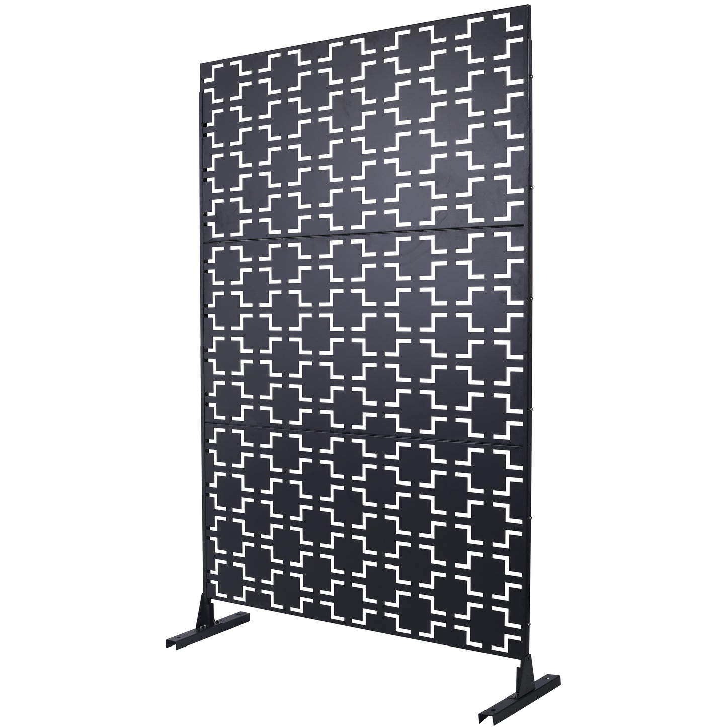 Modern black metal room divider with geometric cutout pattern for privacy screens